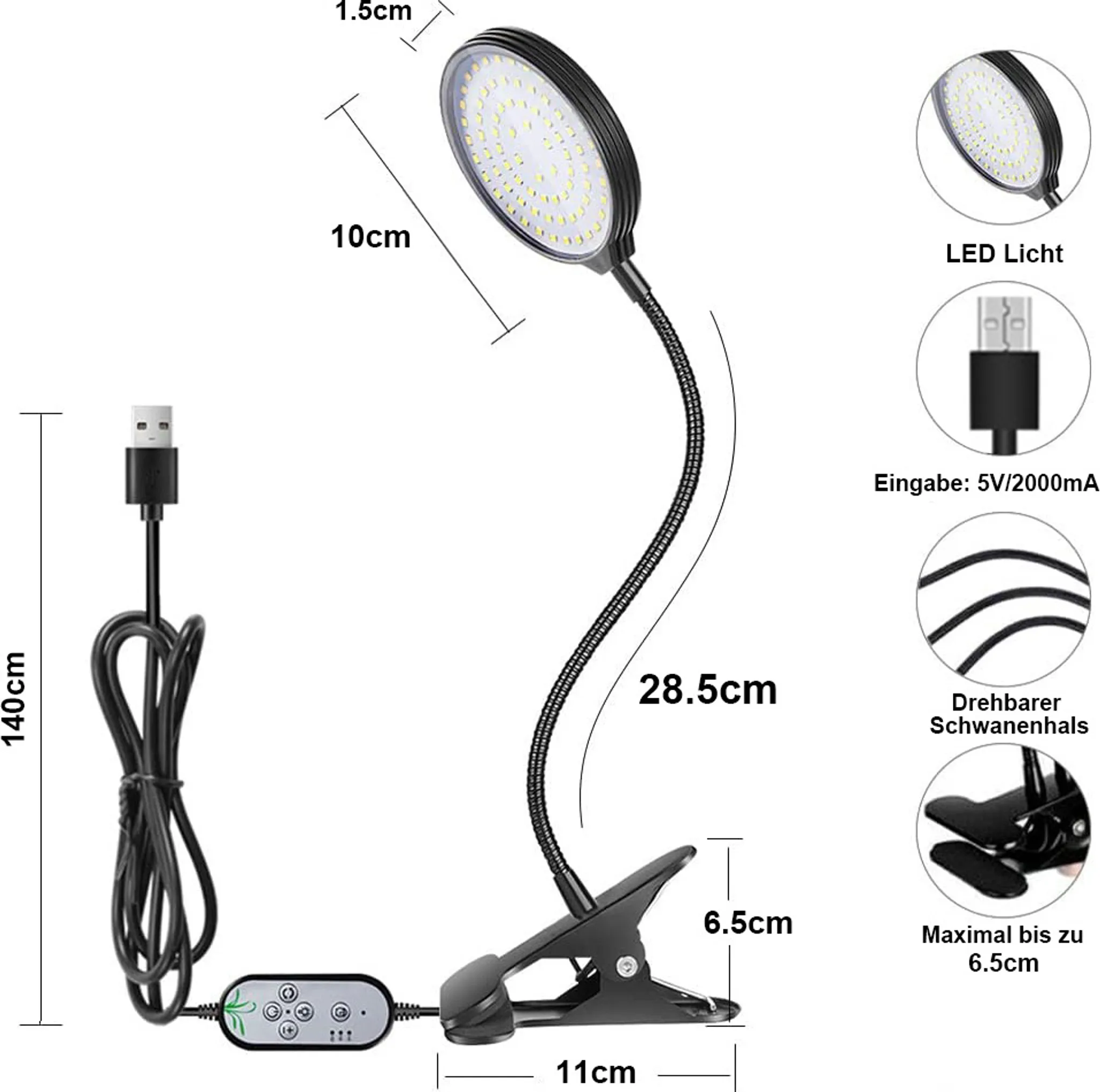 Eine schwarze LED-Schreibtischlampe mit Clipfuß. Sie hat einen flexiblen Schwanenhals und ein USB-Kabel.