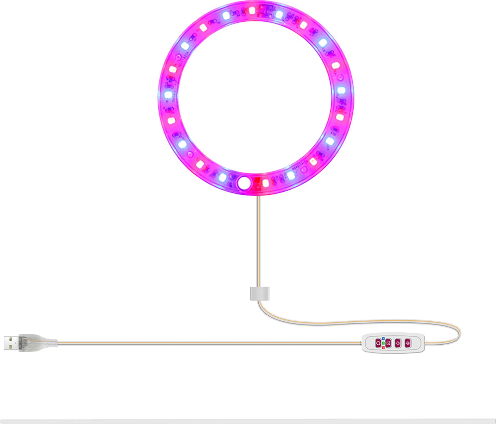 Ein kreisförmiges LED-Wachstumslicht mit rosa und blauen Lichtern. Es wird über ein USB-Kabel angeschlossen und hat ein Bedienfeld.