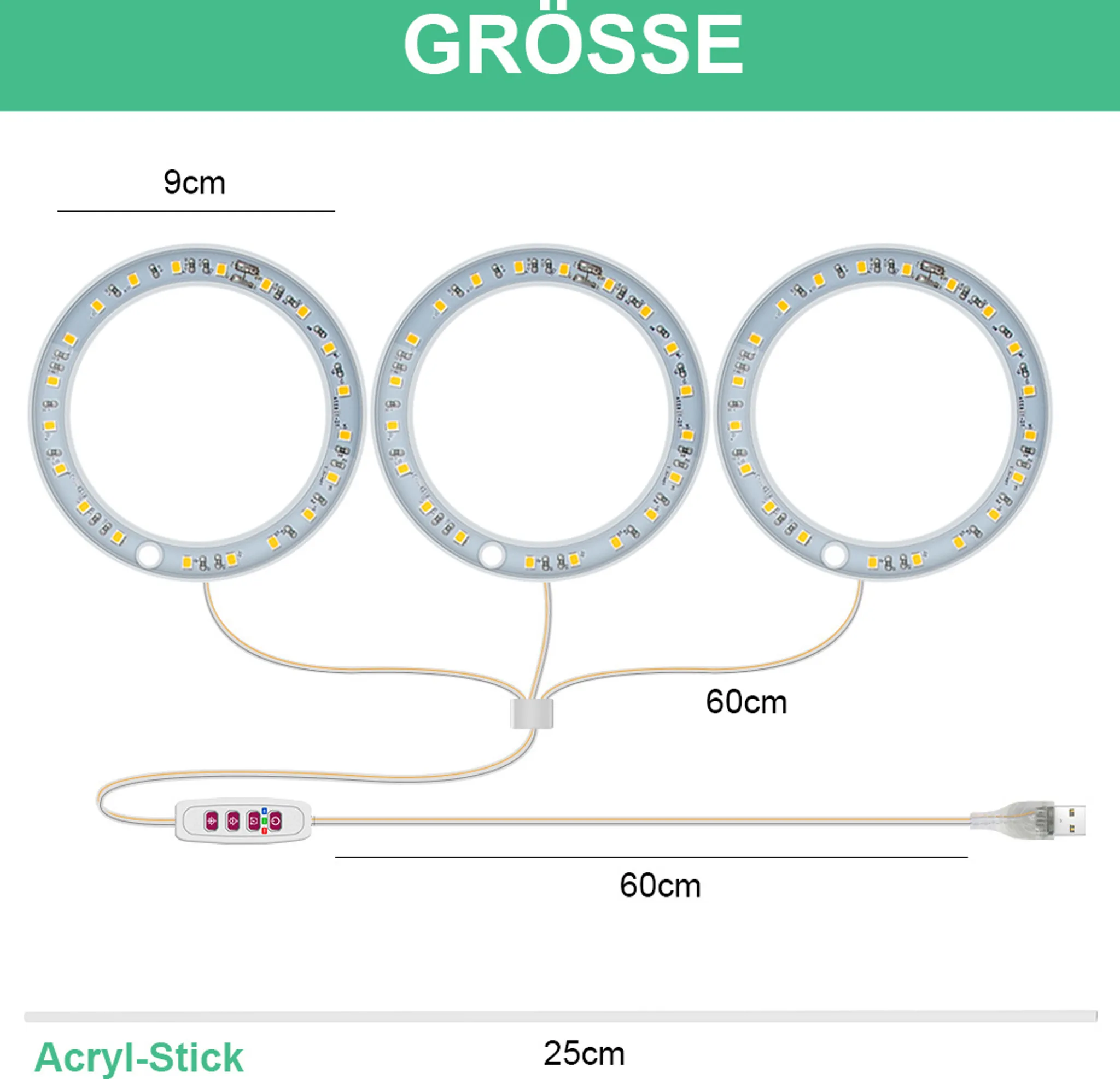 Das Bild zeigt drei kreisförmige LED-Leuchten mit Maßangaben. Ein Controller und ein USB-Anschluss sind ebenfalls sichtbar.