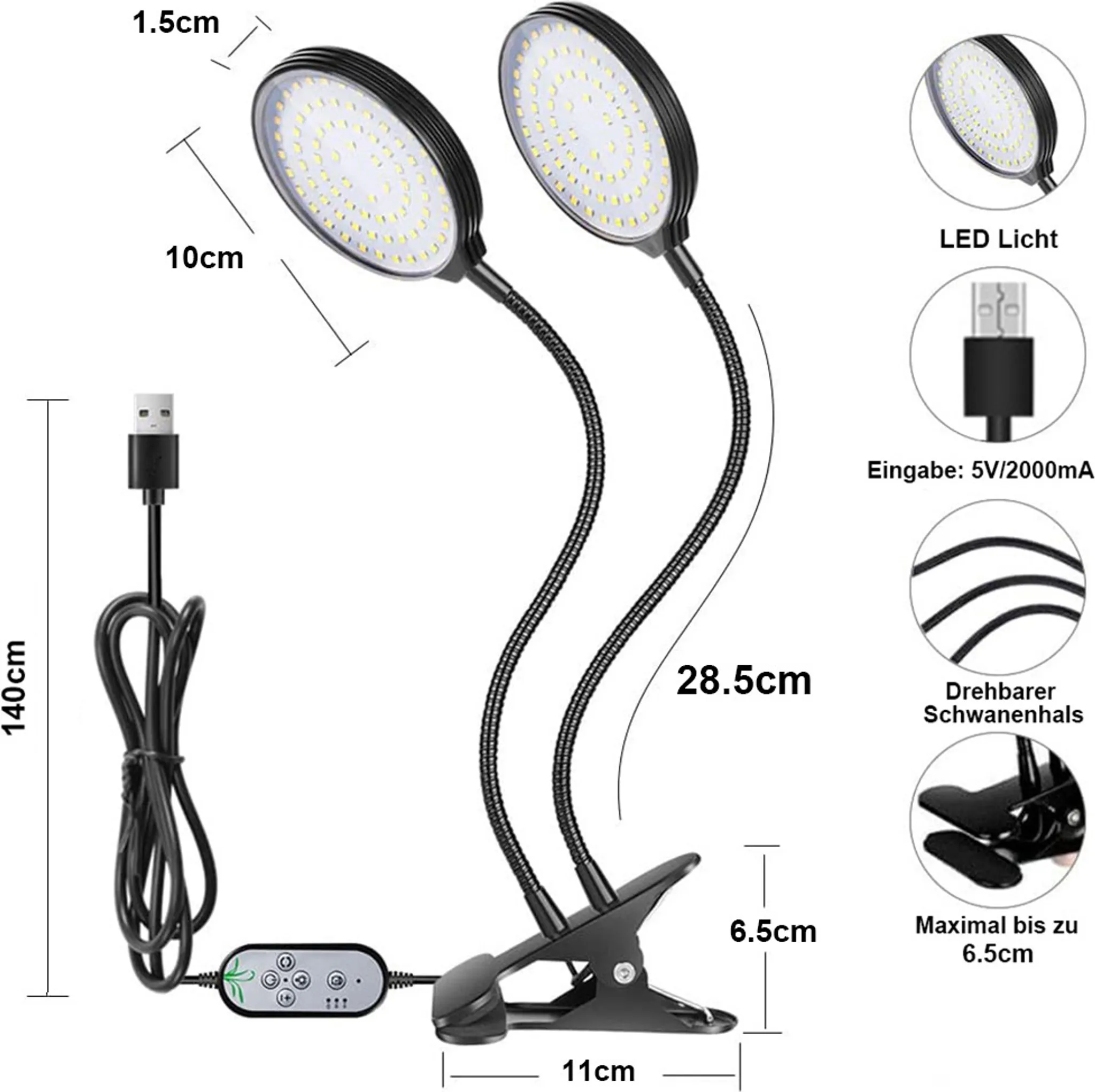 Eine LED-Schreibtischlampe mit zwei Köpfen. Sie hat flexible Hälse, einen Clip-Sockel und ein USB-Netzkabel. Abmessungen sind angegeben.
