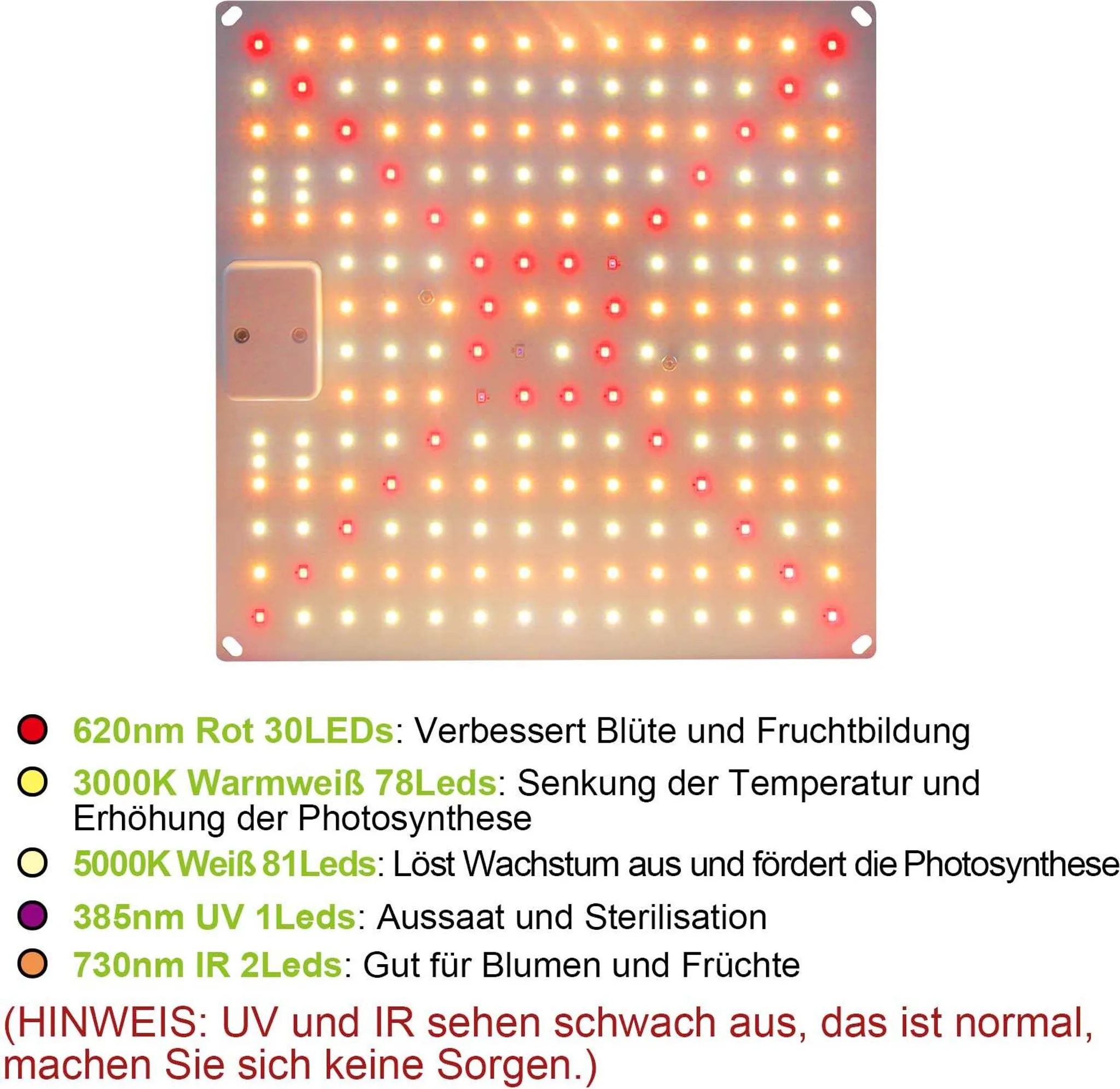 LED-Pflanzenlichtpanel mit roten, weißen und gelben Lichtern. Es hat eine rechteckige Form mit in einem Raster angeordneten LEDs.