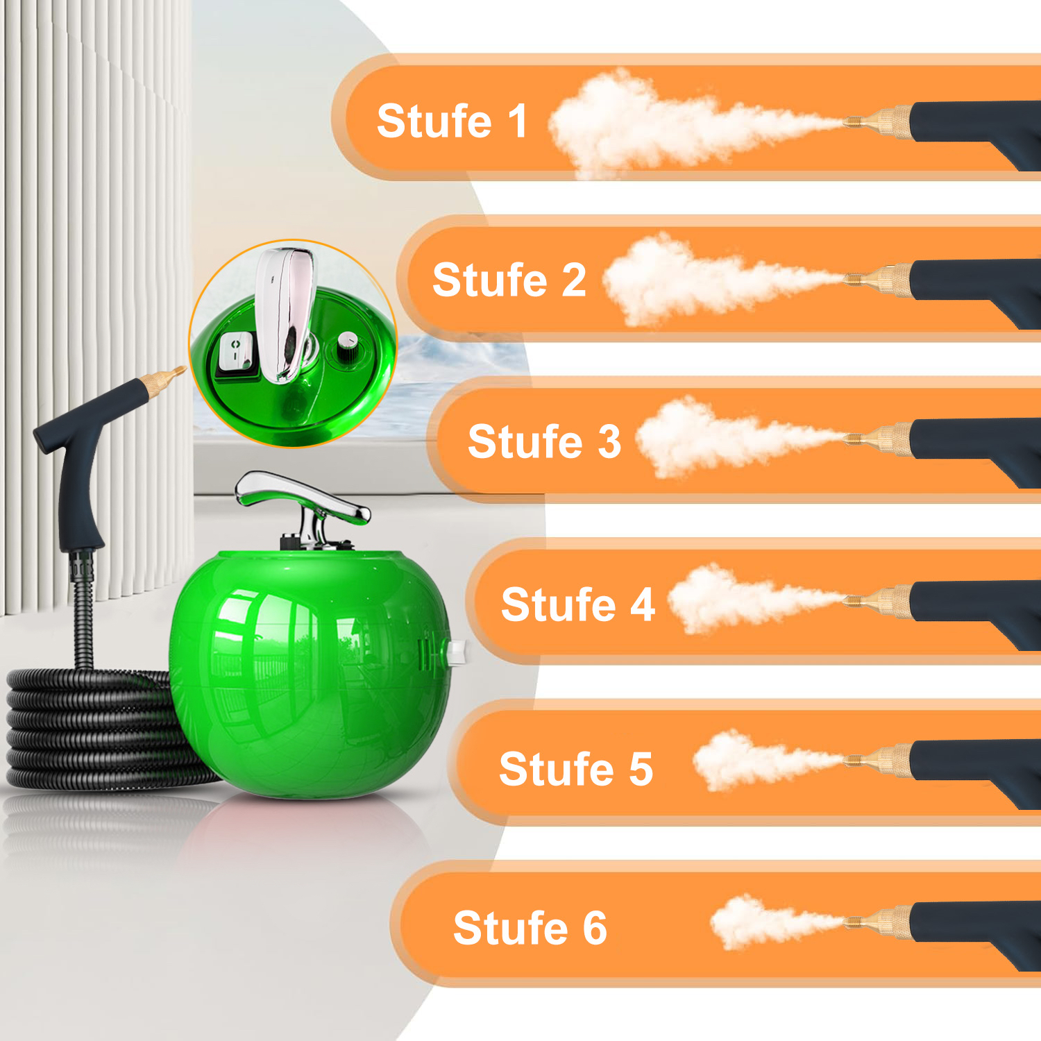 Ein grüner Dampfreiniger zeigt die Stufen 1-6 mit zunehmender Dampfleistung. Eine Düse, ein Schlauch und ein Wassertank sind sichtbar.