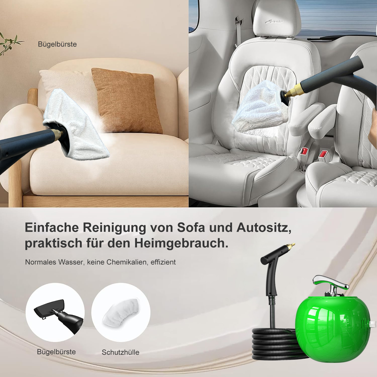 Das Bild zeigt einen Dampfreiniger, der ein Sofa und einen Autositz reinigt. Der Text hebt die einfache Reinigung von Sofas und Autositzen hervor.