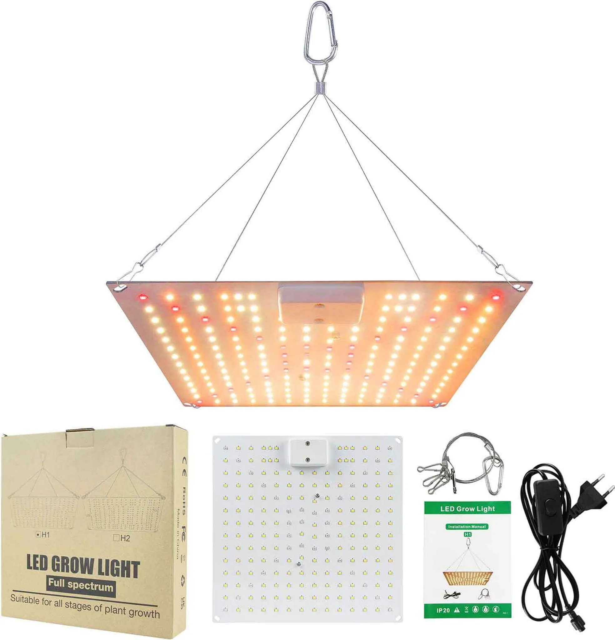 LED-Wachstumslampe mit Zubehör. Sie hängt an Drähten. Eine Box, eine Lampe und eine Anleitung sind ebenfalls sichtbar.