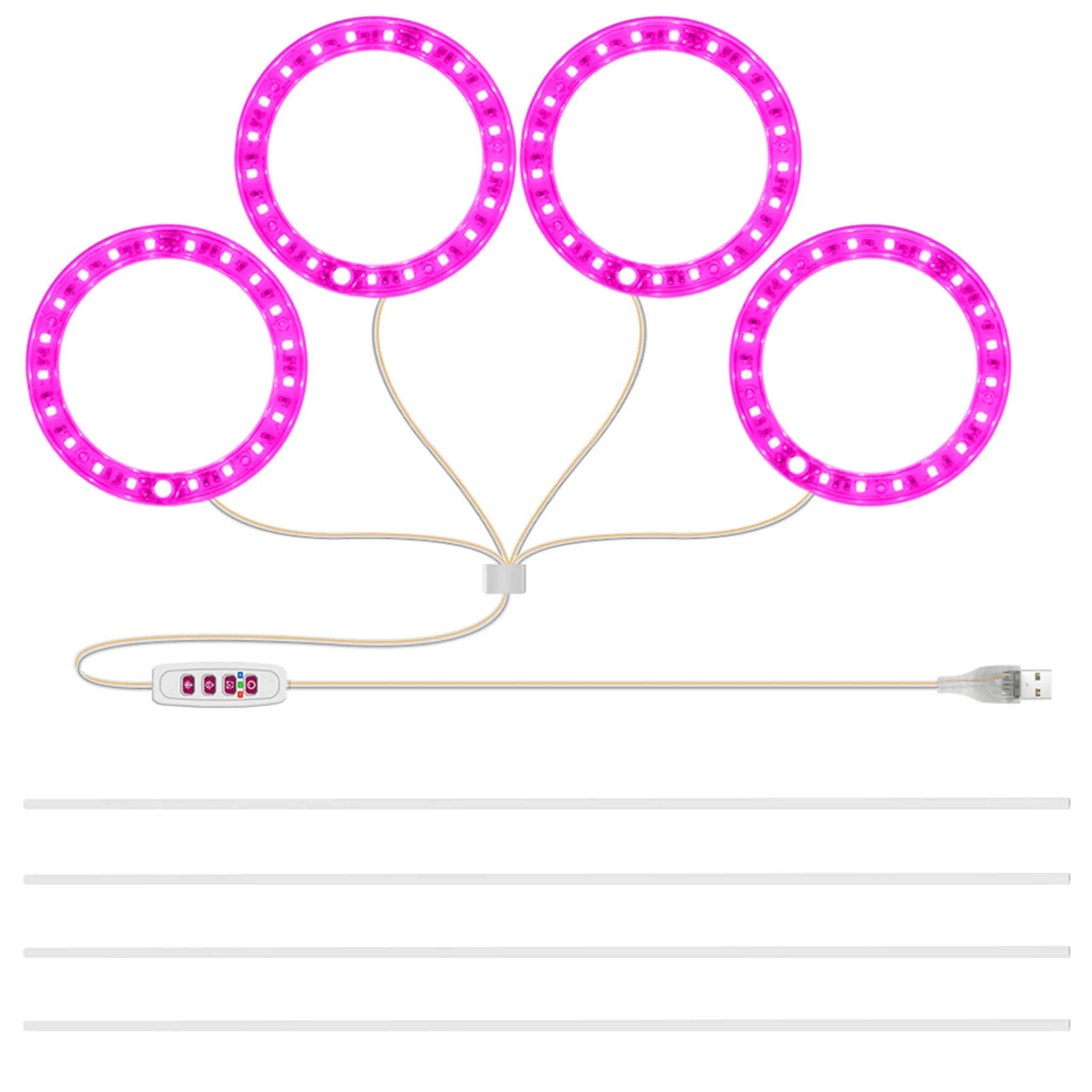 Vier pinkfarbene LED-Wachstumslichter in Kreisform, verbunden mit Drähten und einem USB-Anschluss. Weißer Hintergrund.