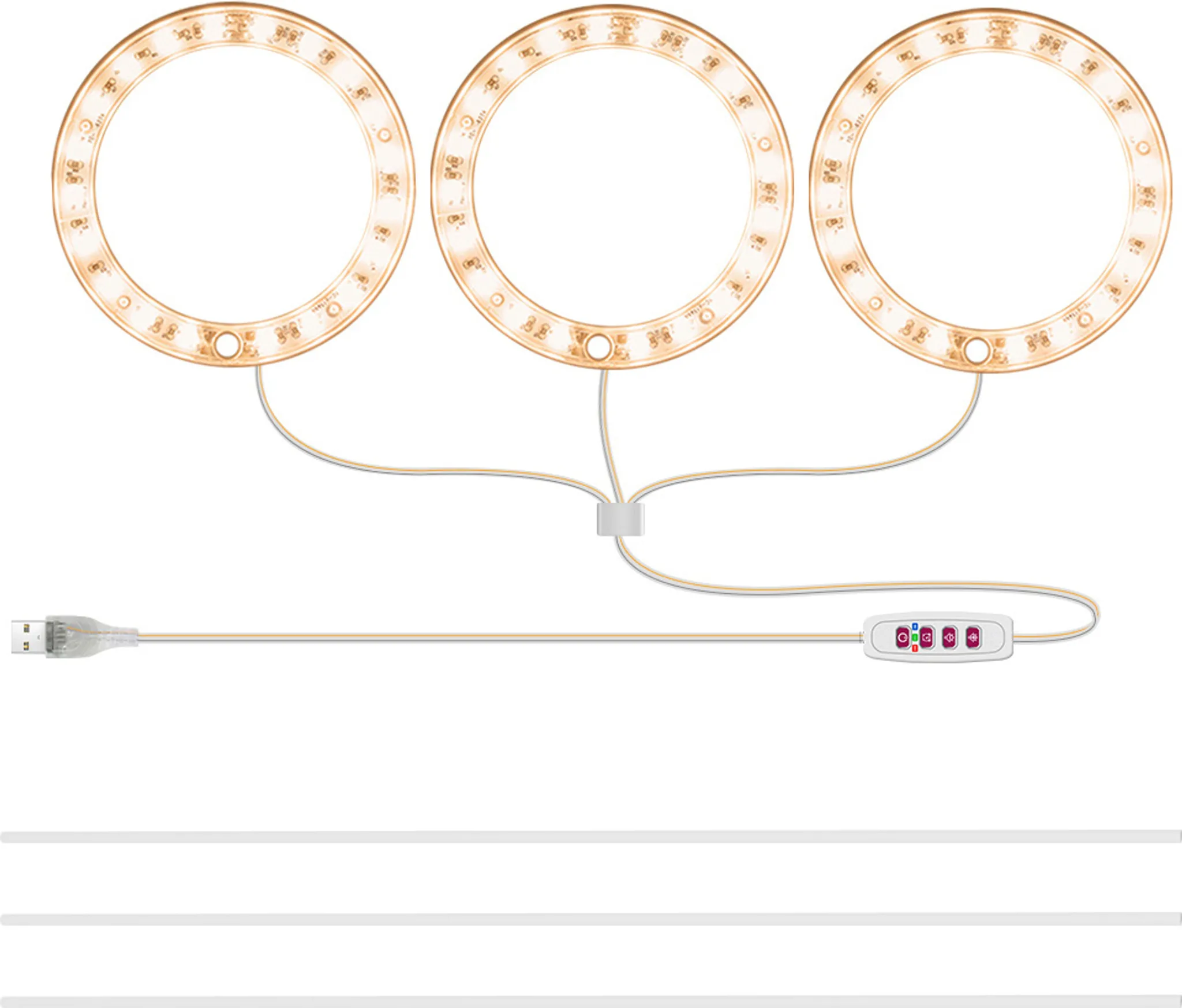 Drei kreisförmige LED-Leuchten, die mit Drähten an einen USB-Stecker und ein Bedienfeld mit Tasten angeschlossen sind, alles auf weißem Hintergrund.