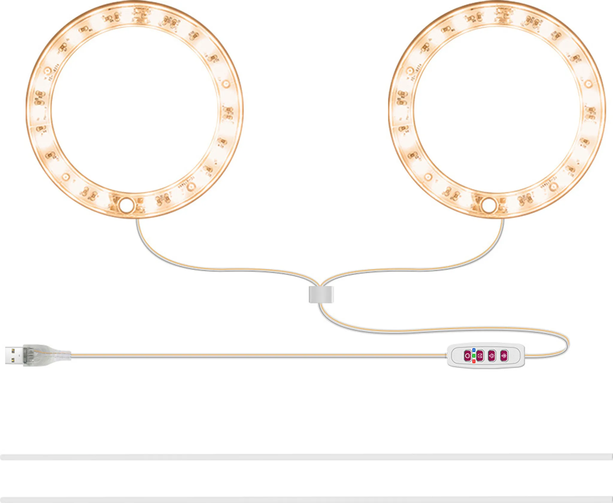 Zwei beleuchtete Ringlichter, verbunden durch Kabel, ein Bedienfeld und ein USB-Kabel, alles auf weißem Hintergrund.