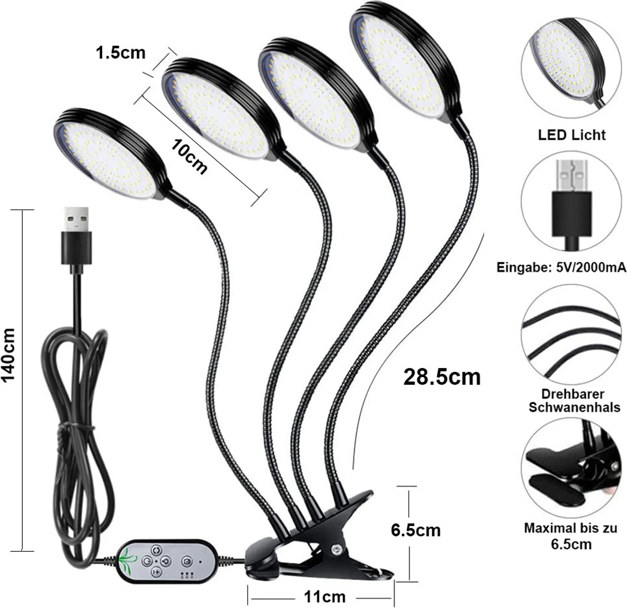 Eine schwarze LED-Pflanzenlampe mit vier verstellbaren Köpfen, einem USB-Kabel und einem Klemmfuß, mit Maßangaben in Zentimetern.