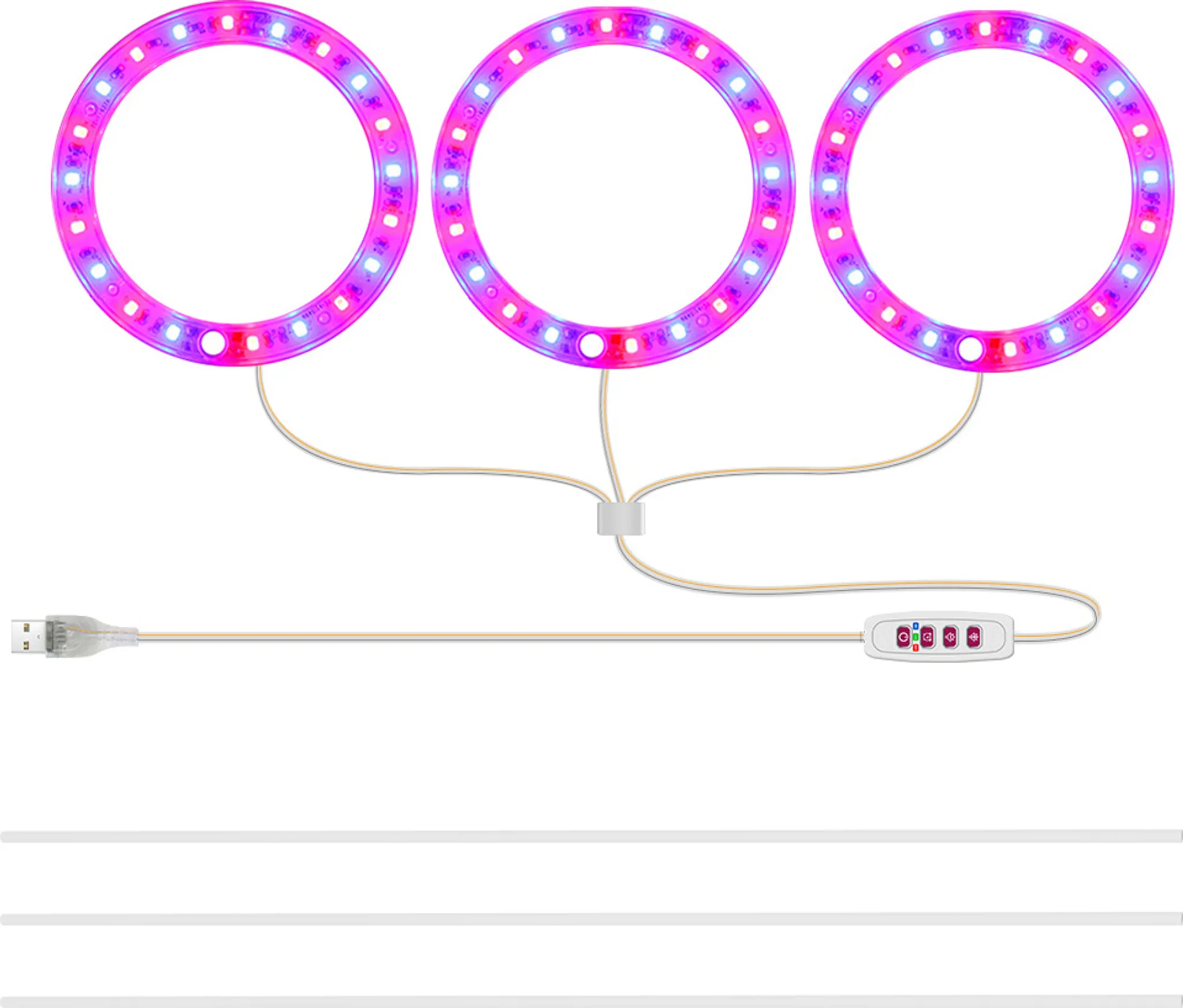 Drei kreisförmige LED-Wachstumslampen mit lila und blauen Lichtern. Ein USB-Kabel und ein Bedienfeld sind angeschlossen.