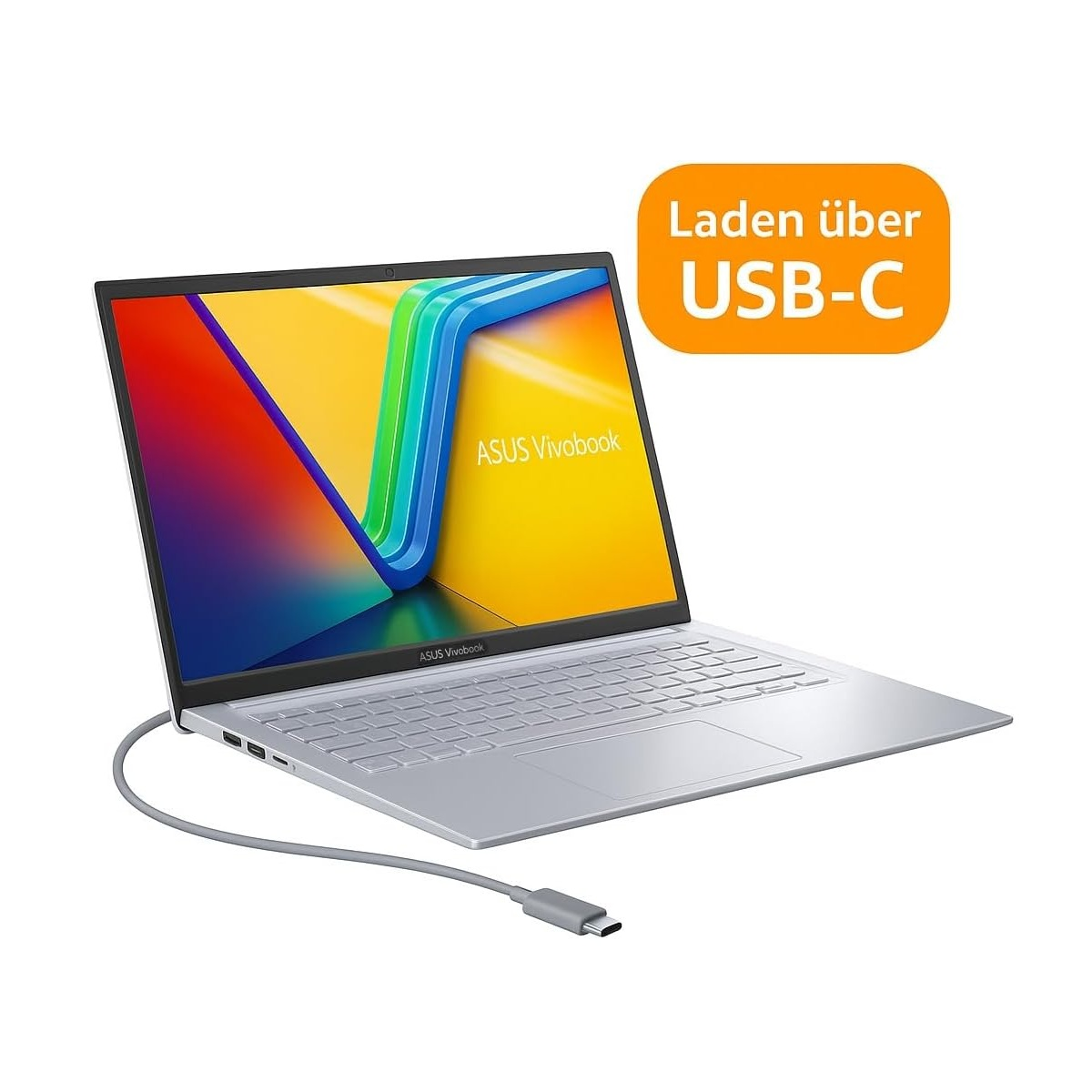 Ein silbernes ASUS Vivobook-Laptop mit USB-C-Kabel. Der Bildschirm zeigt eine farbenfrohe Grafik. Text: Laden über USB-C.