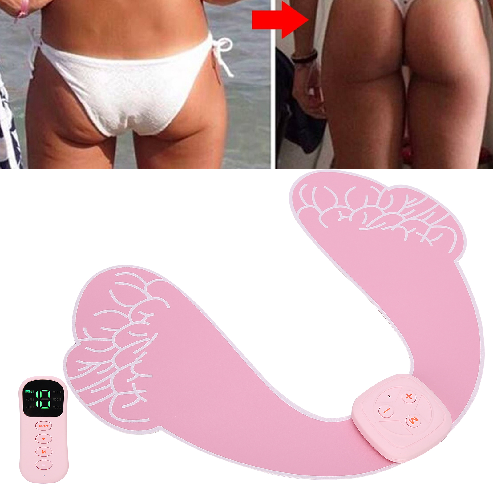 Das Bild zeigt einen Vergleich des Gesäßes einer Frau in weißer Badebekleidung. Ein rosa Gerät, das wie ein U aussieht, ist ebenfalls vorhanden.