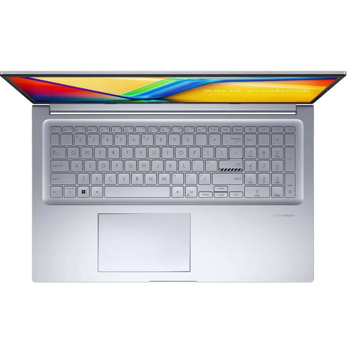 Draufsicht auf einen silbernen Laptop, Tastatur sichtbar, Bildschirm geöffnet mit Grafik, Touchpad unten.
