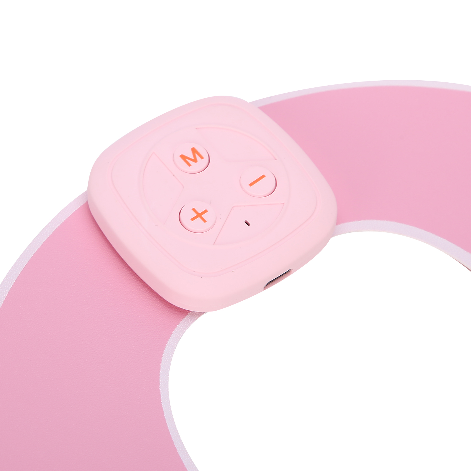 Rosa Muskelstimulationsgerät. Es hat ein Bedienfeld mit Knöpfen und befindet sich auf einem rosa Pad. Weißer Hintergrund.