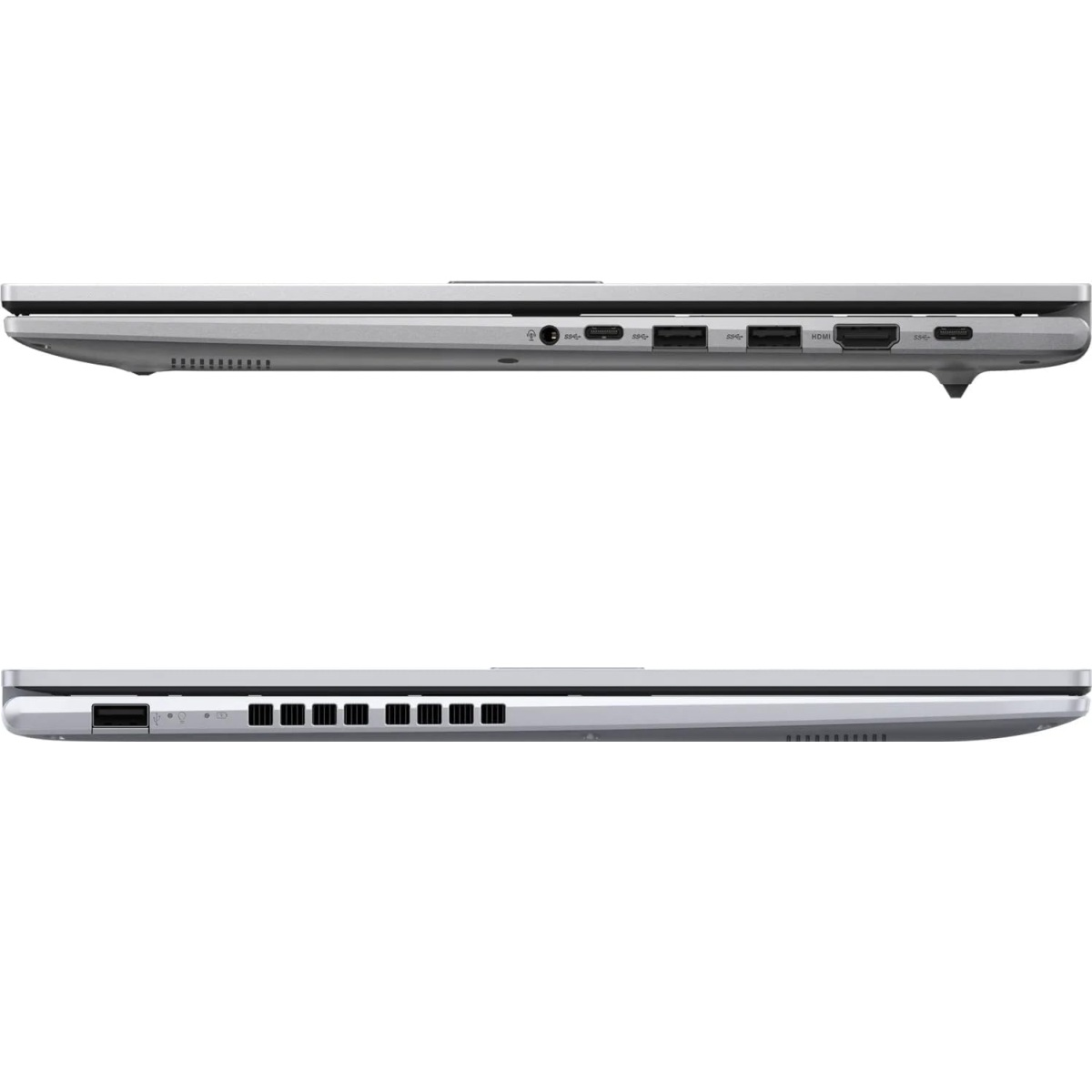 Seitenansicht eines silbernen Laptops. Oben: Anschlüsse, Lüfter und Stromeingang. Unten: USB-Anschluss, Lüfter und ein schlankes Design.