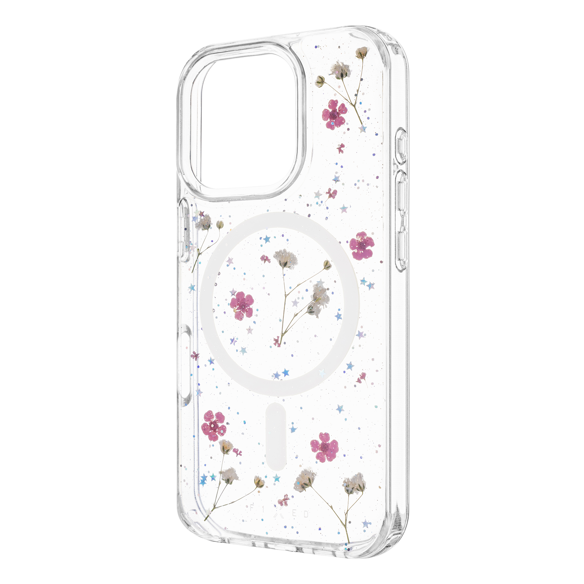 Eine durchsichtige Handyhülle mit eingebetteten Trockenblumen und Glitzer. Rosa und weiße Blumen sind sichtbar.