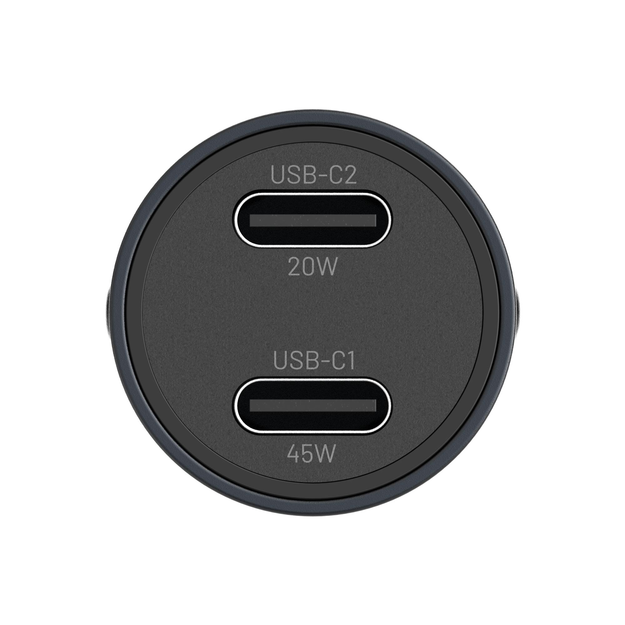Ein schwarzes und graues USB-Ladegerät. Es hat zwei Anschlüsse mit der Bezeichnung USB-C2 (20W) und USB-C1 (45W).