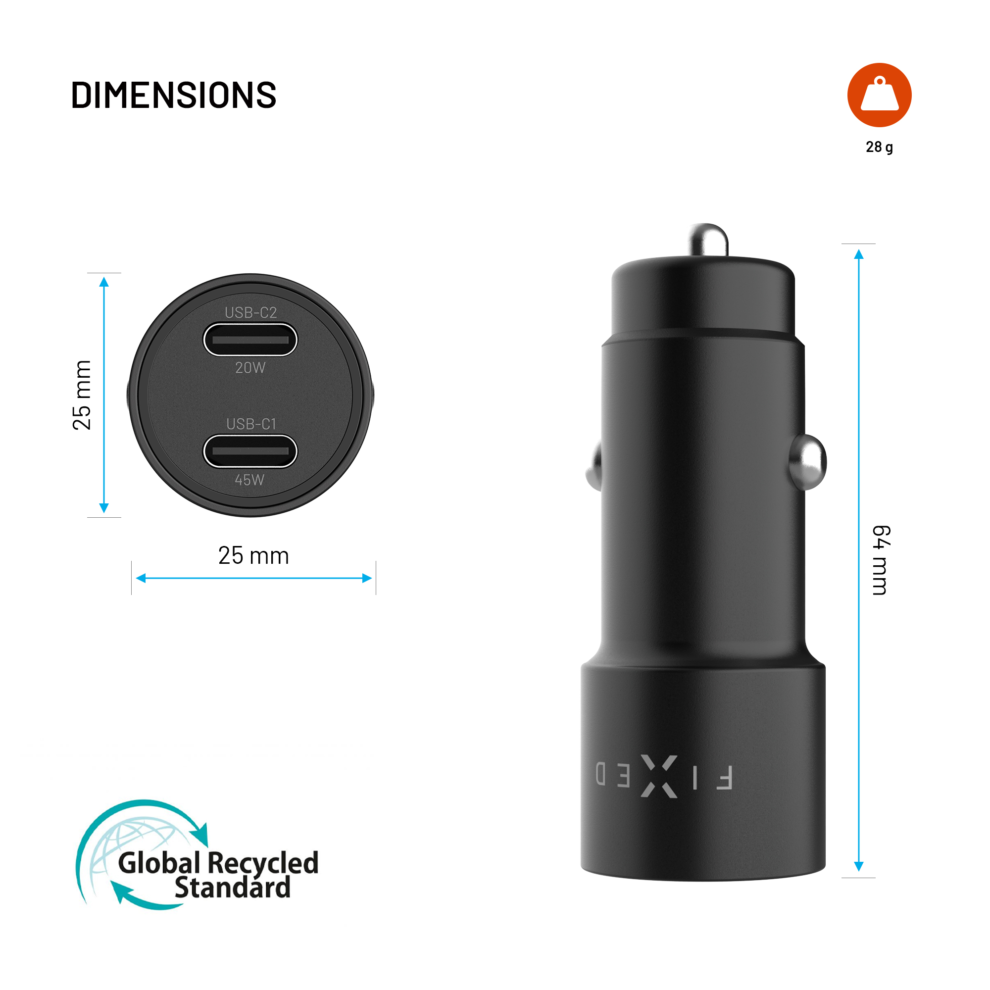 Ein schwarzes Autoladegerät mit Maßangaben. Es hat zwei USB-Anschlüsse und den Markennamen 'FIXED'. Ein 'Global Recycled Standard' Logo ist vorhanden.