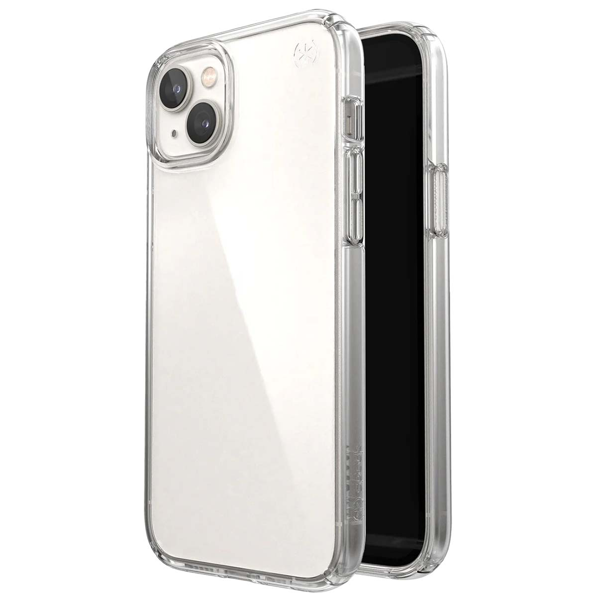 Una custodia trasparente per telefono con un iPhone all'interno. Il telefono ha uno schermo nero e la custodia ha una cornice trasparente.