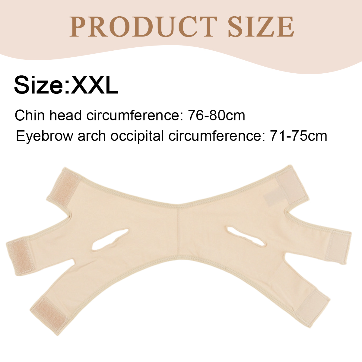 Eine beige Gesichts- und Kinnstütze mit Größenangaben, einschließlich XXL, und Messungen für Kinn- und Augenbrauenumfänge.