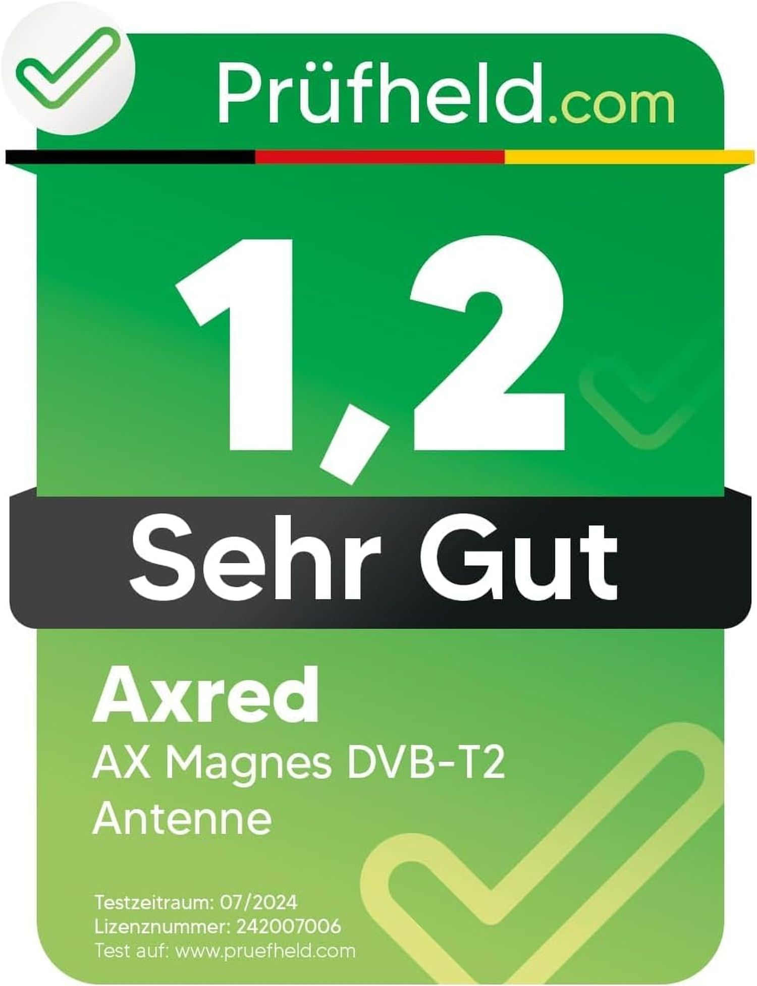Das Bild ist eine Bewertung mit grünem Hintergrund und weißem Text. Es zeigt eine Bewertung von 1,2 und den Text "Sehr Gut".