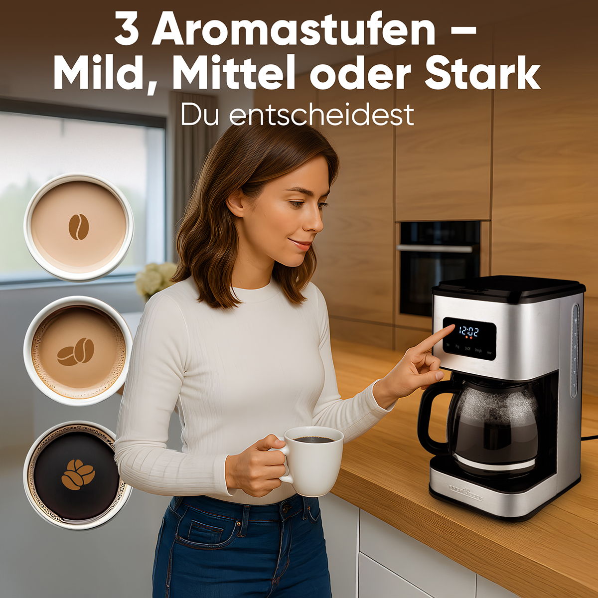 Frau mit Kaffeetasse in der Nähe der Kaffeemaschine. Drei Kaffeetassen zeigen verschiedene Stärken. Text: 3 Aromastufen - mild, mittel oder stark.