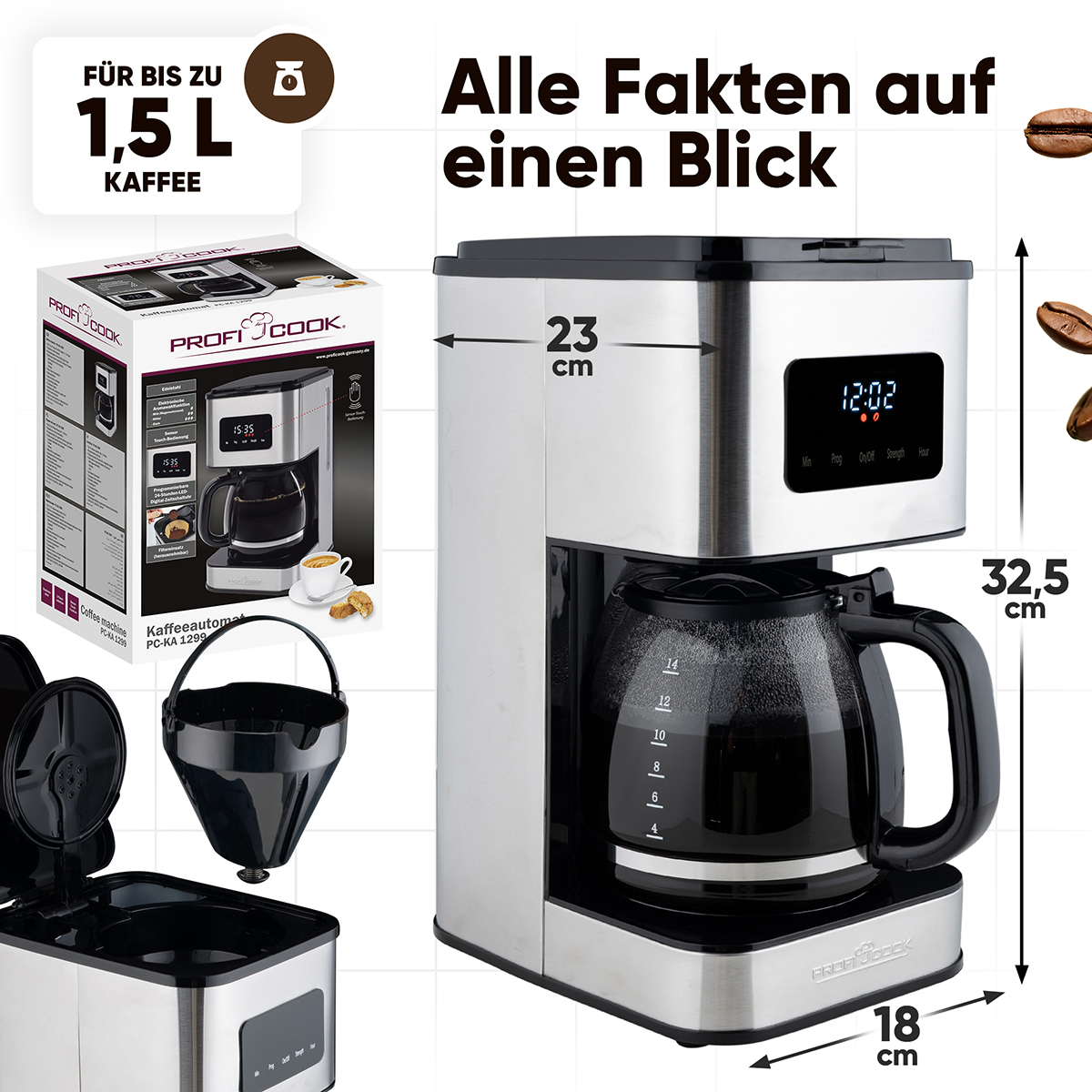 Silberne Profi Cook Kaffeemaschine mit Glaskaraffe. Eine Box und ein Filter sind sichtbar. Text: Alle Fakten auf einen Blick.