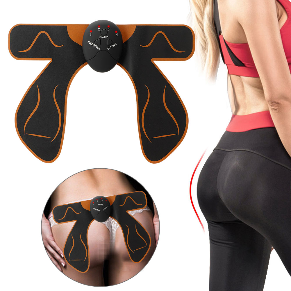 Das Bild zeigt den Rücken einer Frau mit einem Gesäßmuskelstimulator. Ein anderes zeigt die Verwendung. Der Stimulator ist schwarz und orange.
