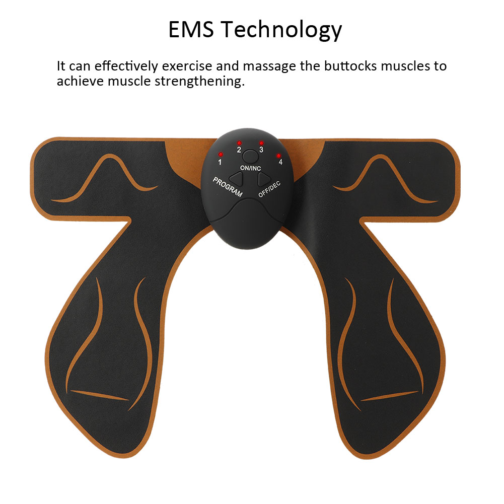 EMS-Technologiegerät zur Gesäßmuskelstärkung. Schwarz-oranges Design mit Bedienfeld und nummerierten Lichtern.