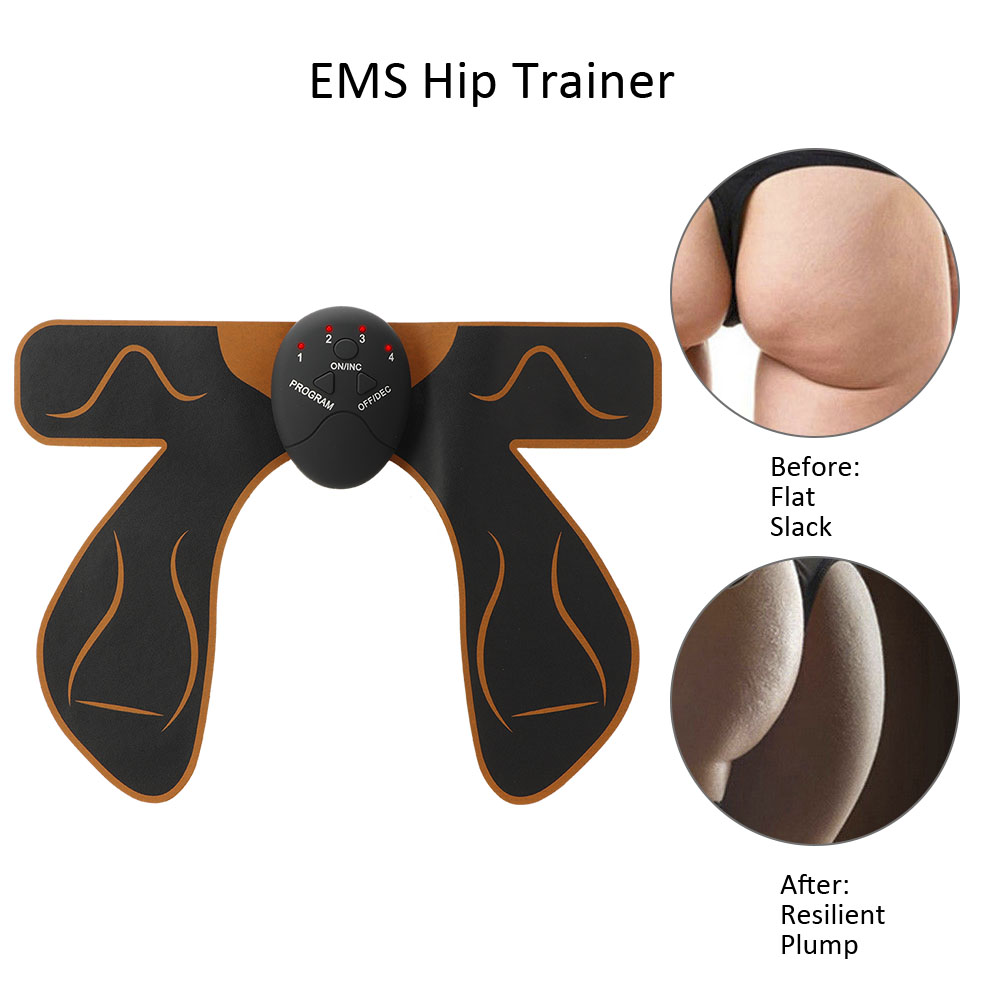 Ein EMS-Hüfttrainer mit Bedienfeld und zwei angebrachten Pads. Vorher- und Nachher-Bilder zeigen eine Veränderung von flachem zu prallem Gesäß.