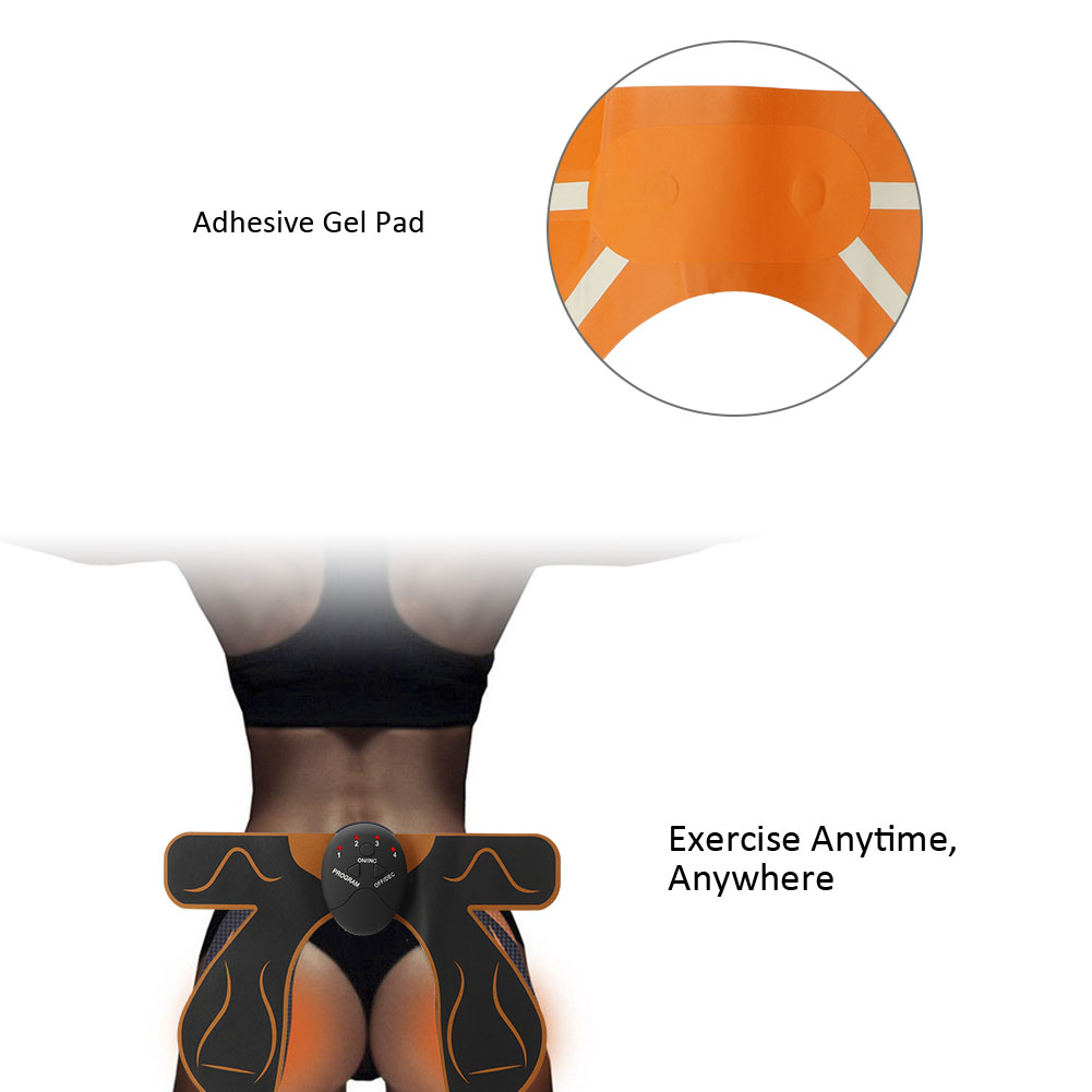 Ein orangefarbenes Gel-Pad und ein Gerät am unteren Rücken einer Person mit dem Text 'Exercise Anytime, Anywhere'.