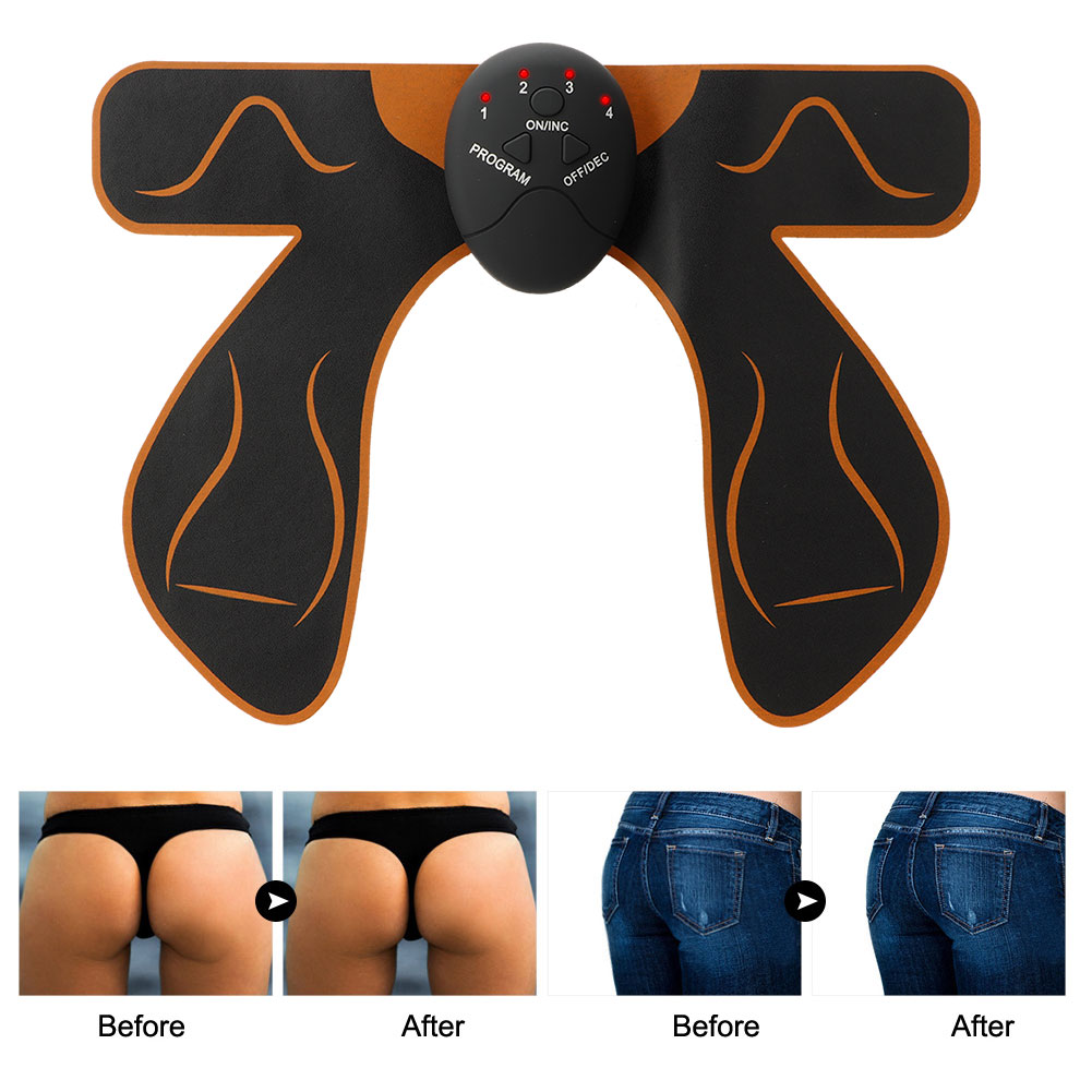 Ein EMS-Gerät für das Gesäß und Vorher-/Nachher-Bilder, die Gesäße in Tangas und Jeans zeigen. Das Gerät hat eine Steuereinheit.