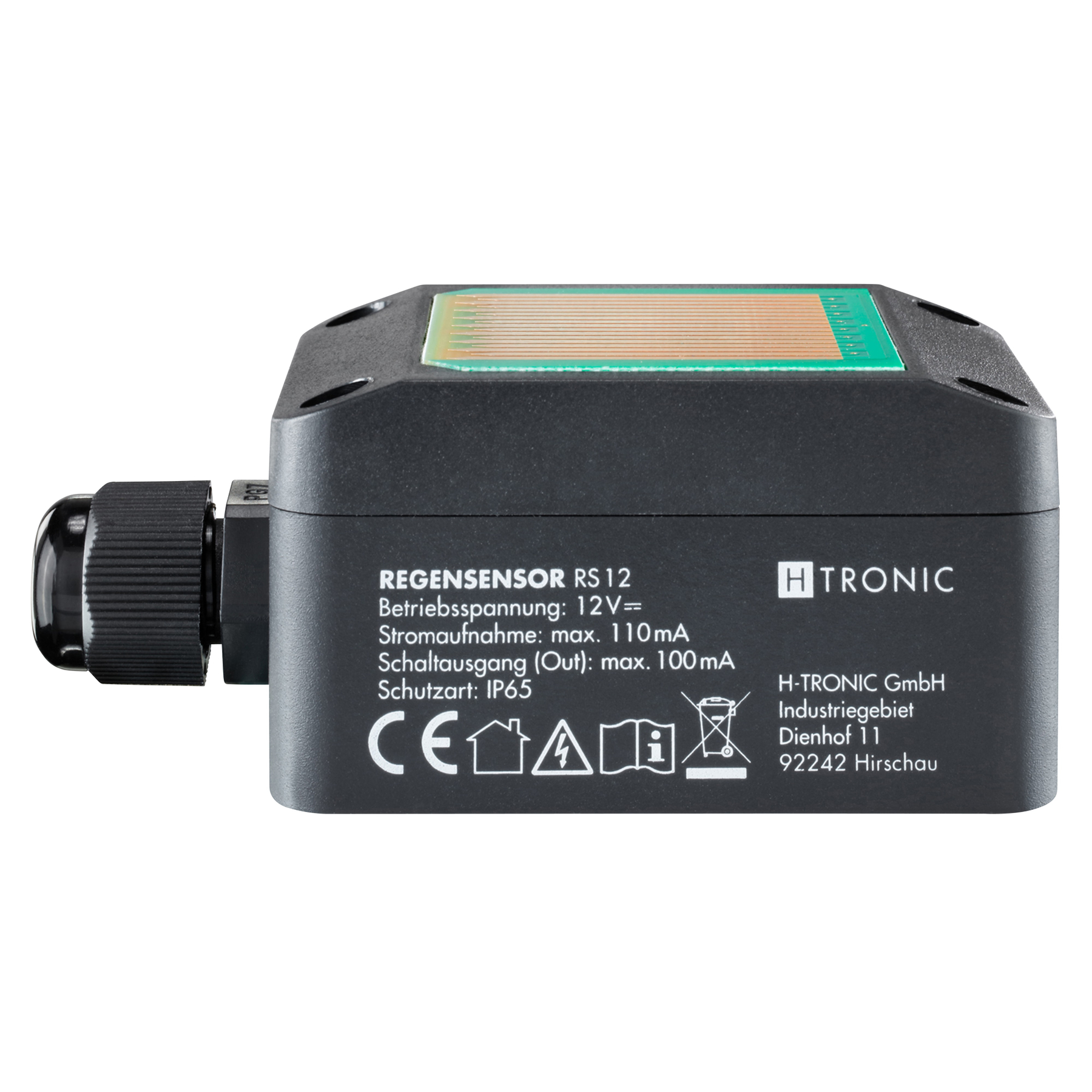 Ein schwarzer Regensensor mit Text und einer grün-braunen Sensoroberseite. Er hat einen schwarzen Kabelanschluss.