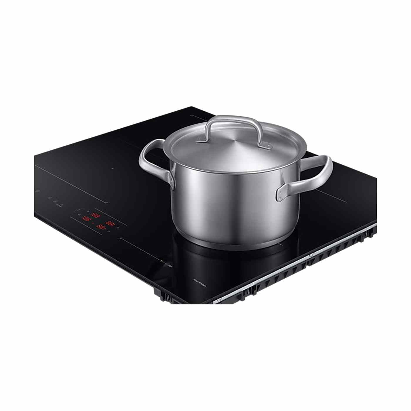 A stainless steel pot with lid sits on a black induction cooktop. The cooktop has touch controls and is on a white background.