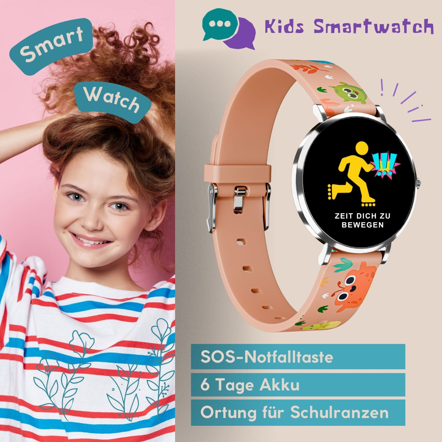 Ein Kind lächelt neben einer Smartwatch. Die Uhr hat ein pfirsichfarbenes Armband mit Cartoonfiguren. Der Bildschirm zeigt eine laufende Figur.