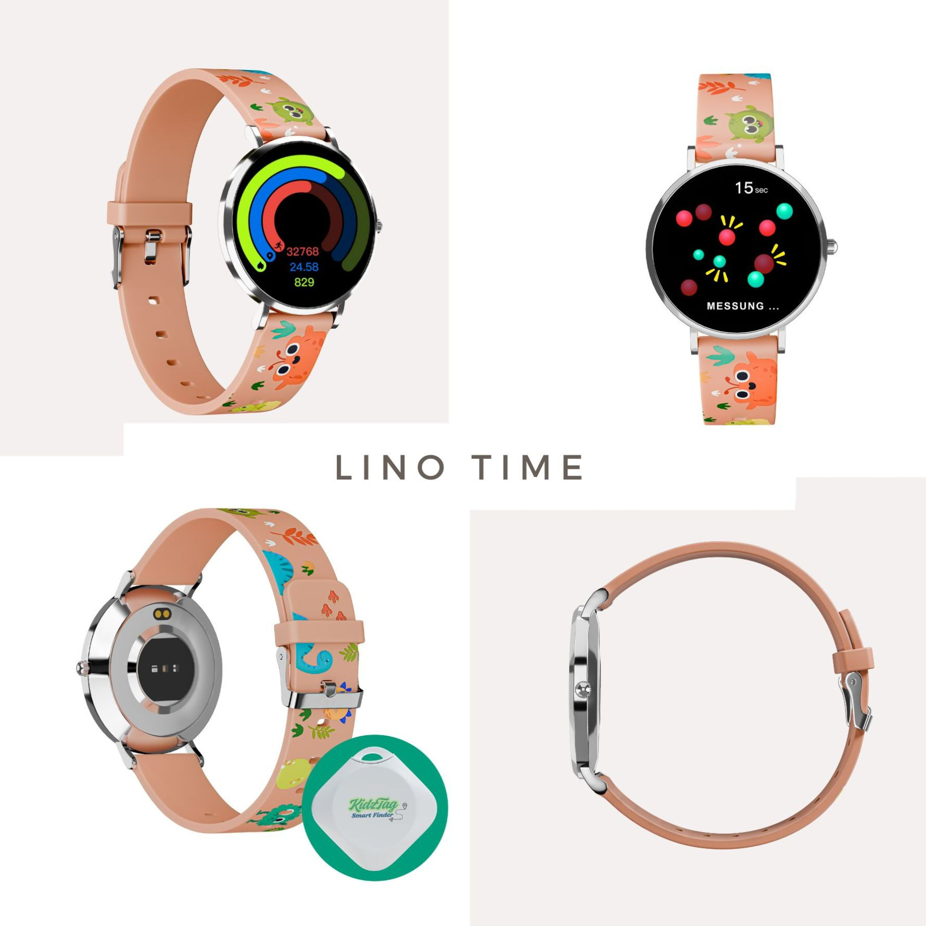 Eine Smartwatch mit einem pfirsichfarbenen Armband mit Cartoon-Charakteren. Das Zifferblatt zeigt Daten und Uhrzeit an.