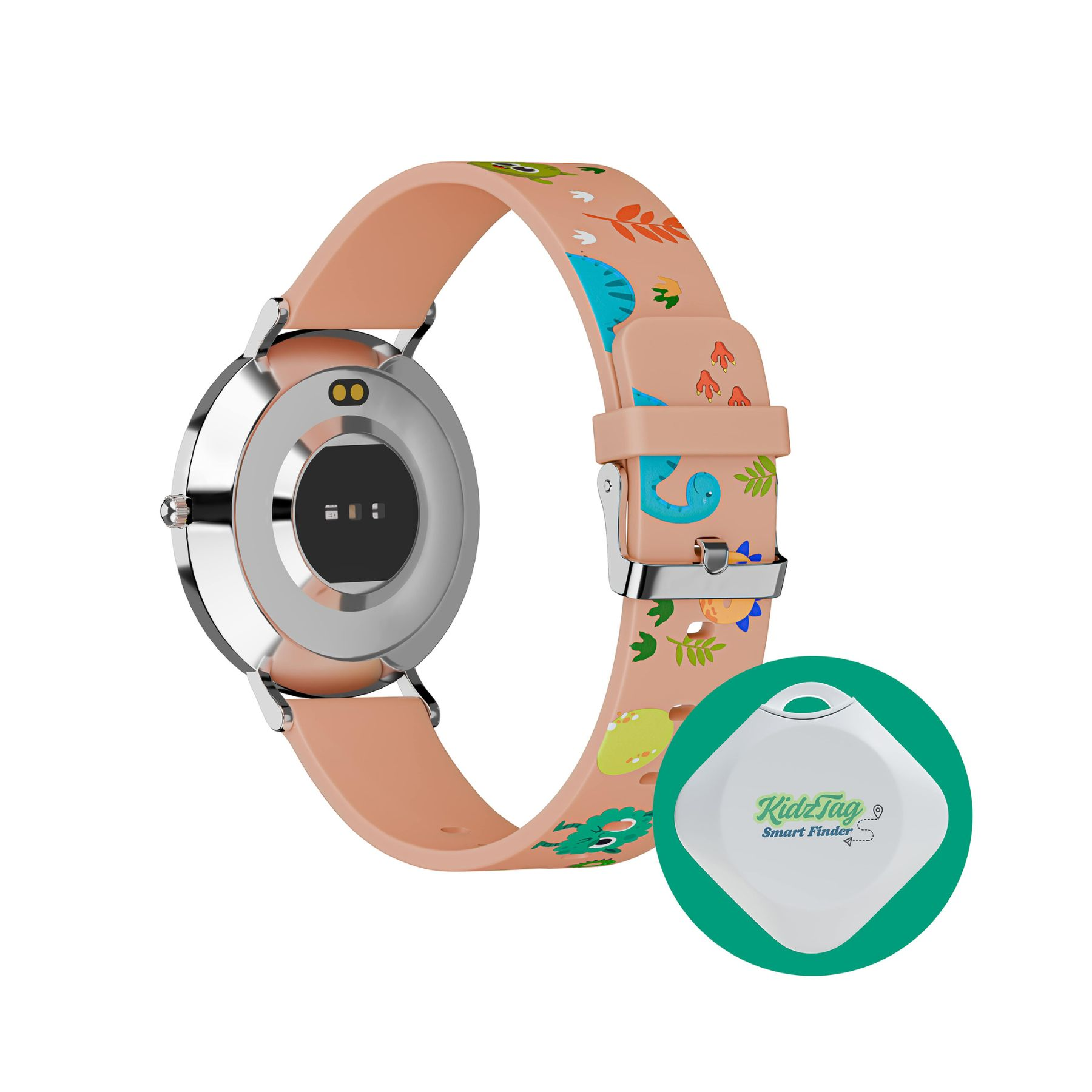 Eine Smartwatch mit rosa Armband, verziert mit Dinosauriern, neben einem KidzTag Smart Finder.