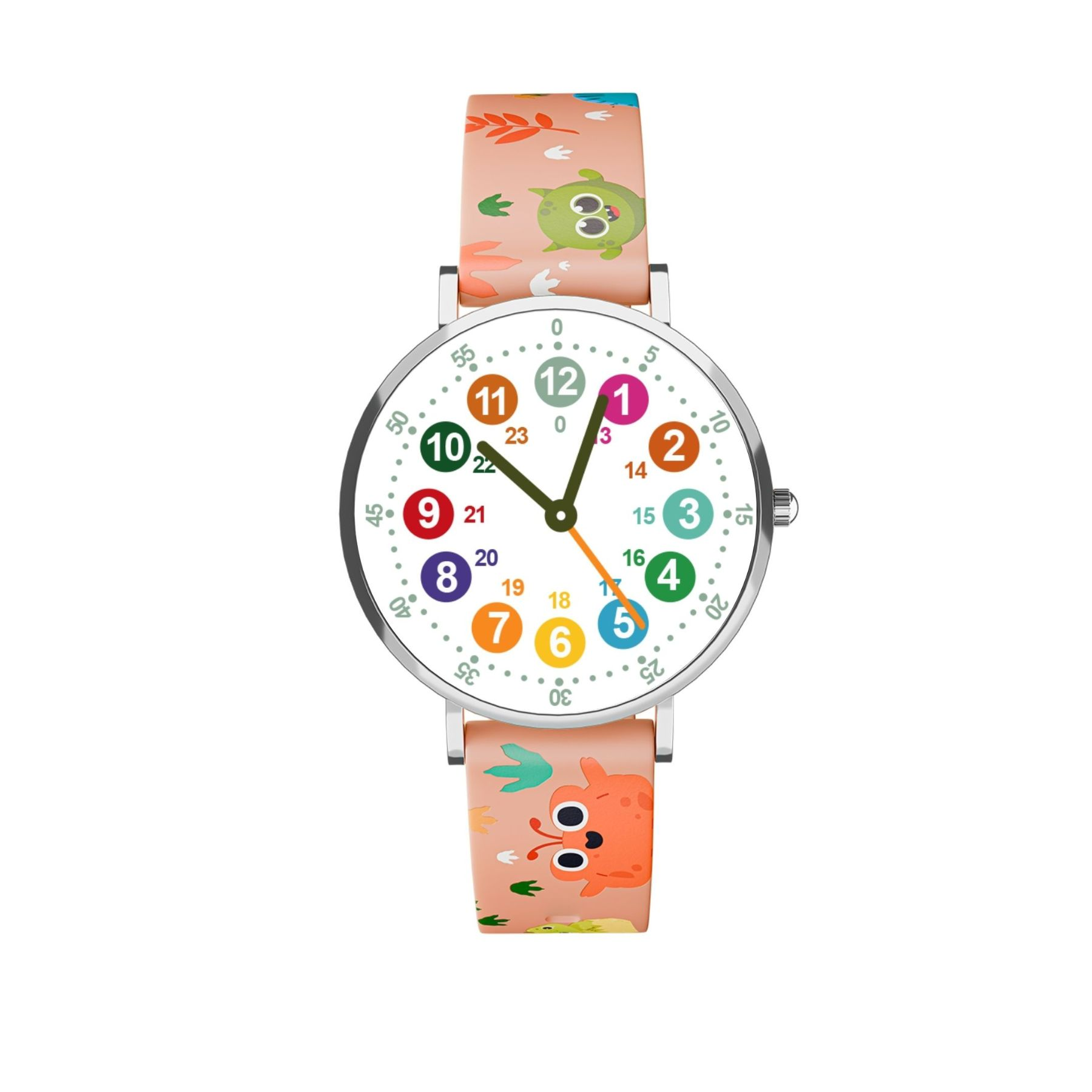 Eine bunte Kinderuhr mit pfirsichfarbenem Armband. Sie hat Zeichentricktiere und Zahlen. Die Zeiger zeigen auf 11:18.