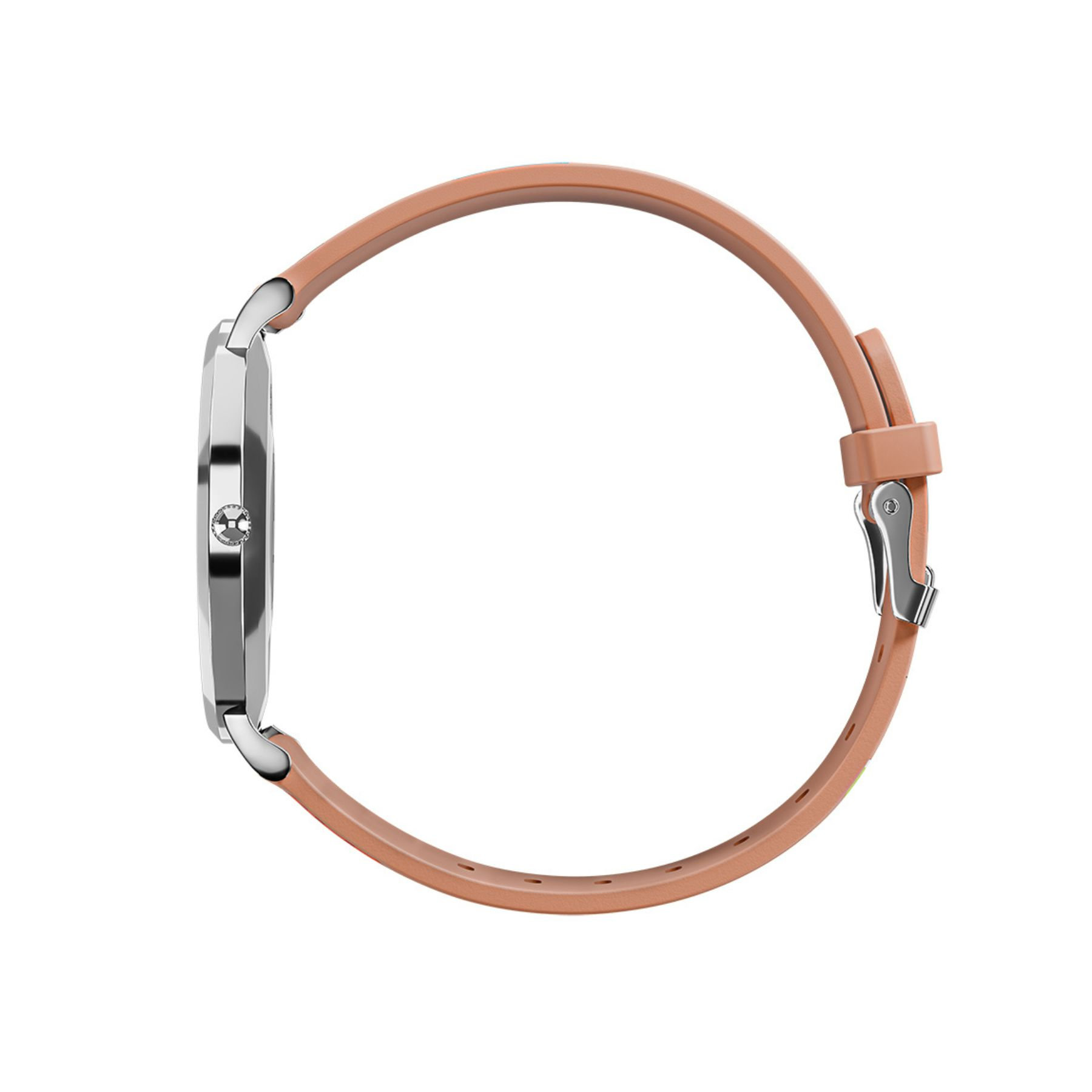 Seitenansicht einer Armbanduhr. Sie hat ein silbernes Gehäuse, ein pfirsichfarbenes Armband und einen weißen Hintergrund.