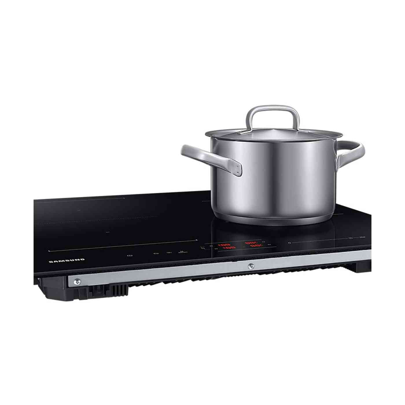 A stainless steel pot with a lid on a black electric stove. The stove has red digital displays and the brand name Samsung.