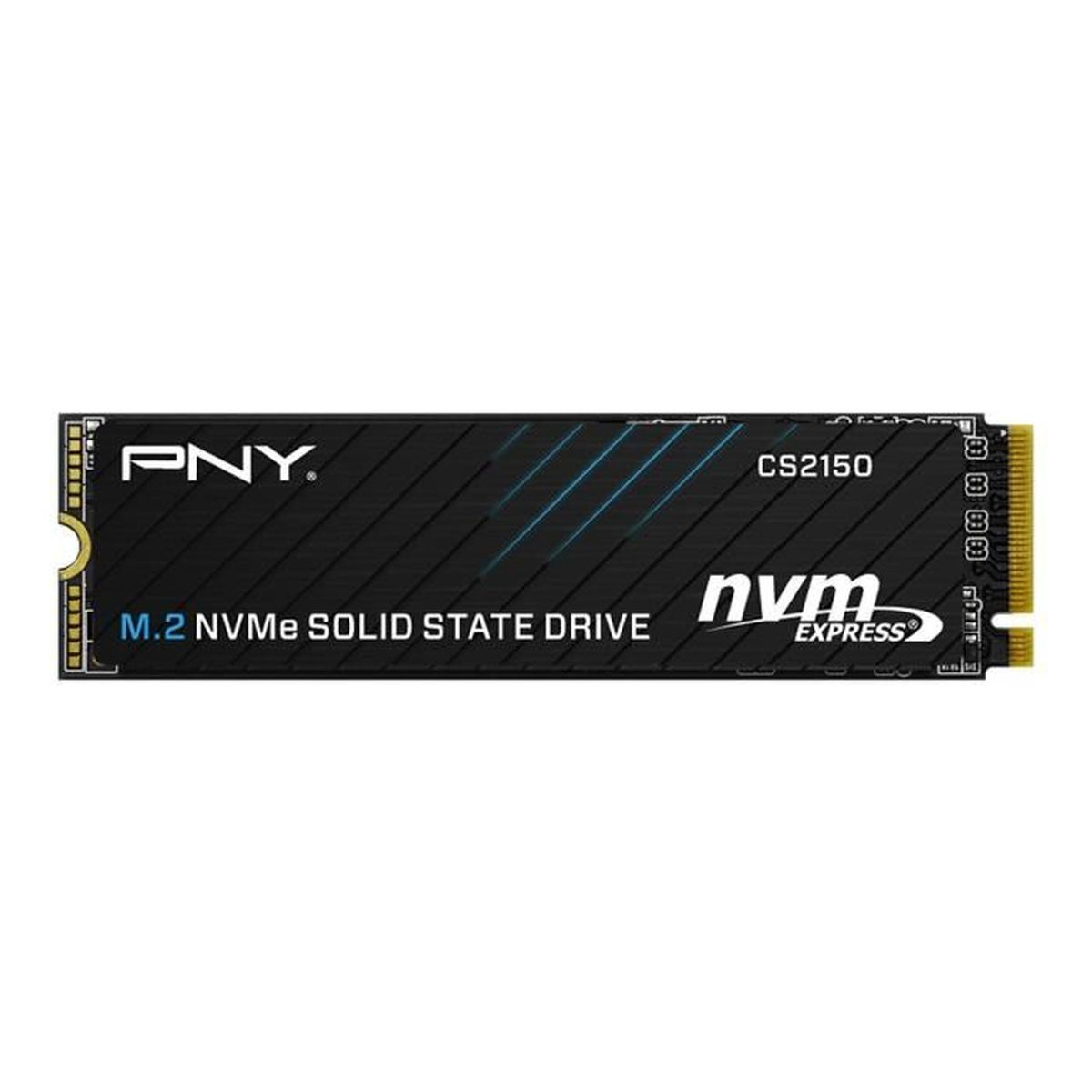 Dysk SSD PNY CS2150 M.2 NVMe. Czarno-niebieski design. Tekst zawiera 'nvme express'. Złote złącze po prawej stronie.