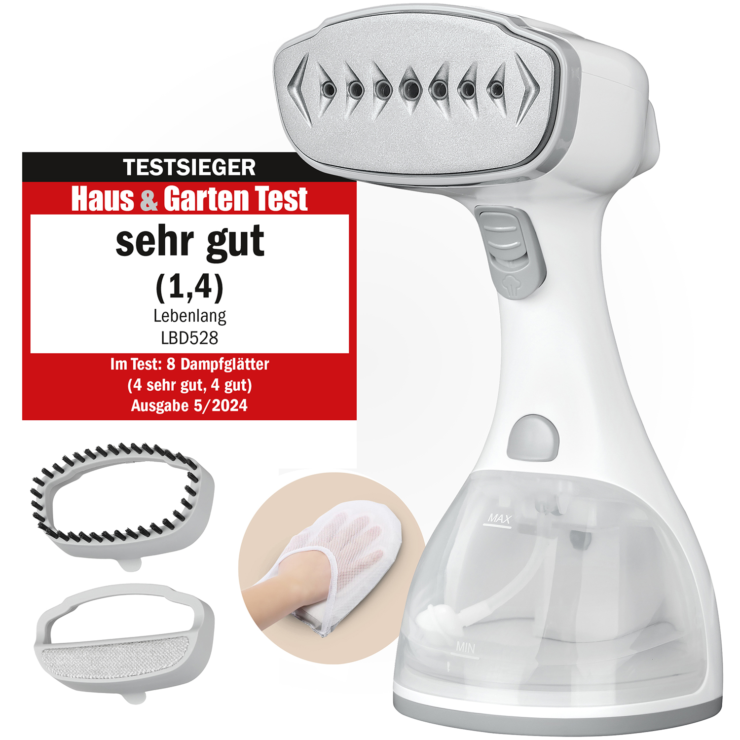 Ein weißer Hand-Dampfgarer mit Zubehör. Er hat einen transparenten Wassertank und ein rot-schwarzes Etikett mit deutschem Text.