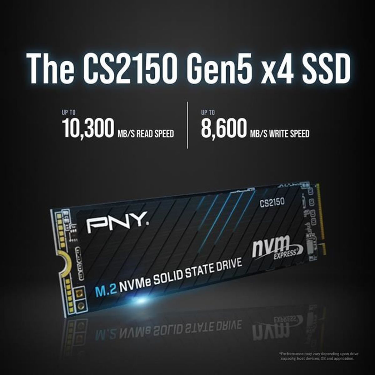 Dysk SSD PNY CS2150 Gen5 x4. Prędkość odczytu do 10 300 MB/s i zapisu do 8 600 MB/s. Czarno-niebieski design.