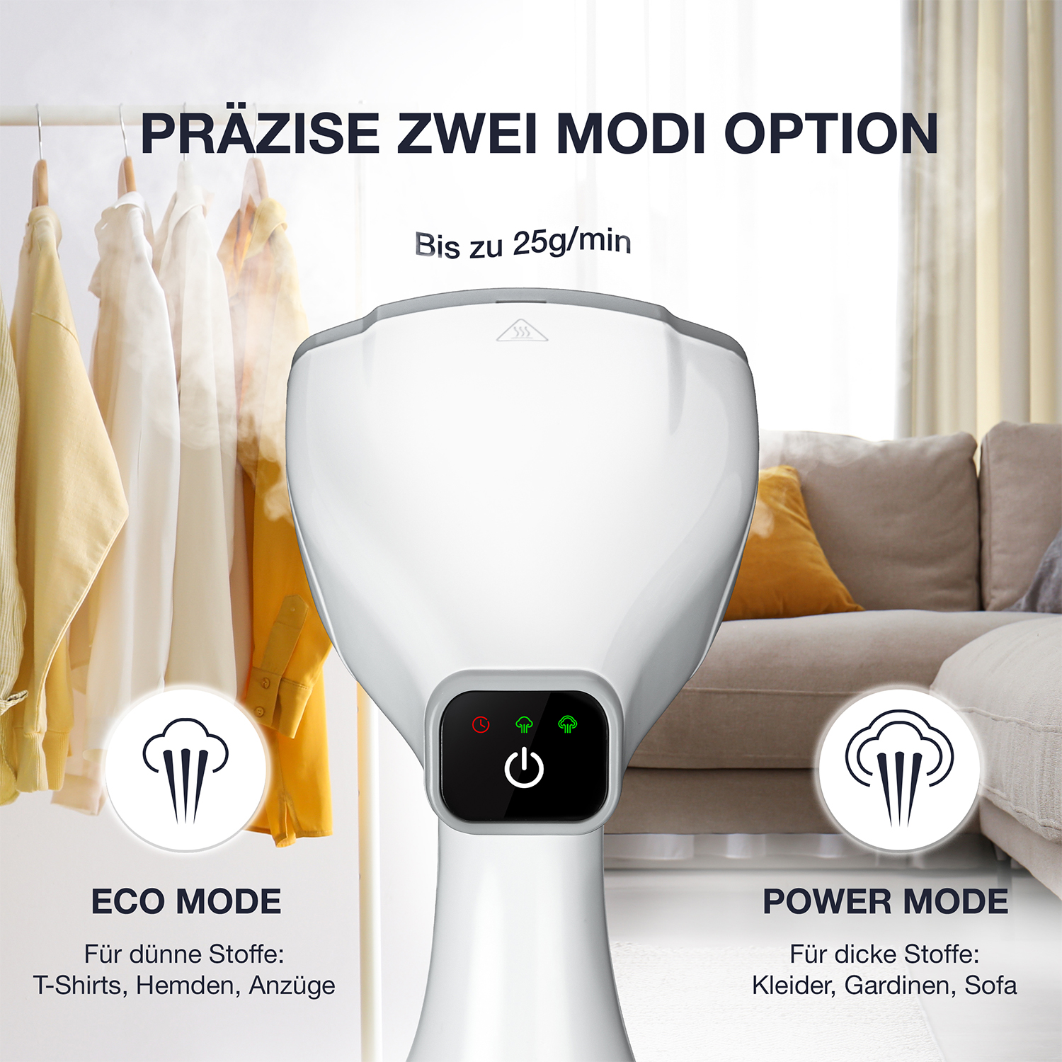 Ein weißer Kleidungsdämpfer mit ECO- und POWER-Modi. Links hängen Kleider. Rechts ist ein Sofa. Text auf Deutsch.