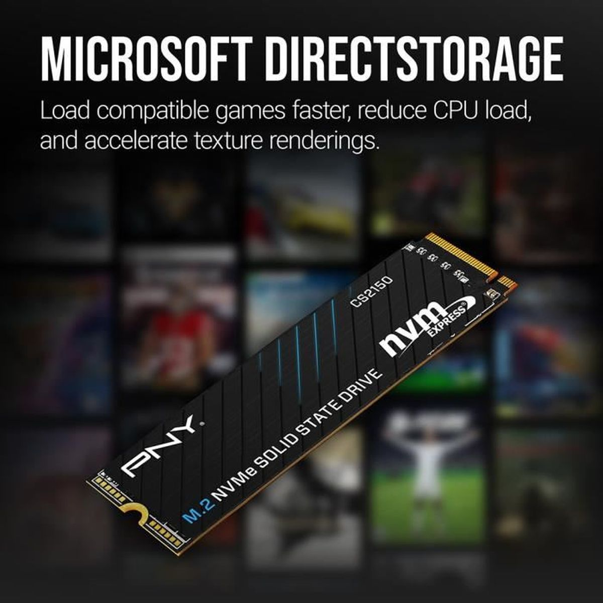 Czarny dysk SSD NVMe PNY z niebieskimi liniami. Tekst mówi Microsoft DirectStorage, szybsze ładowanie gier i redukcja obciążenia procesora.