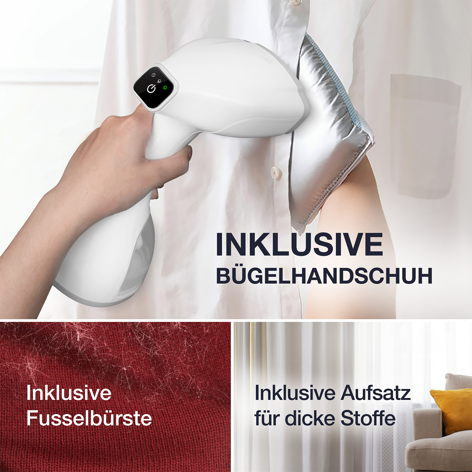 Eine Hand hält einen weißen Steamer über einem Hemd. Weitere Bilder zeigen einen roten Stoff mit Fusseln und eine Couch.