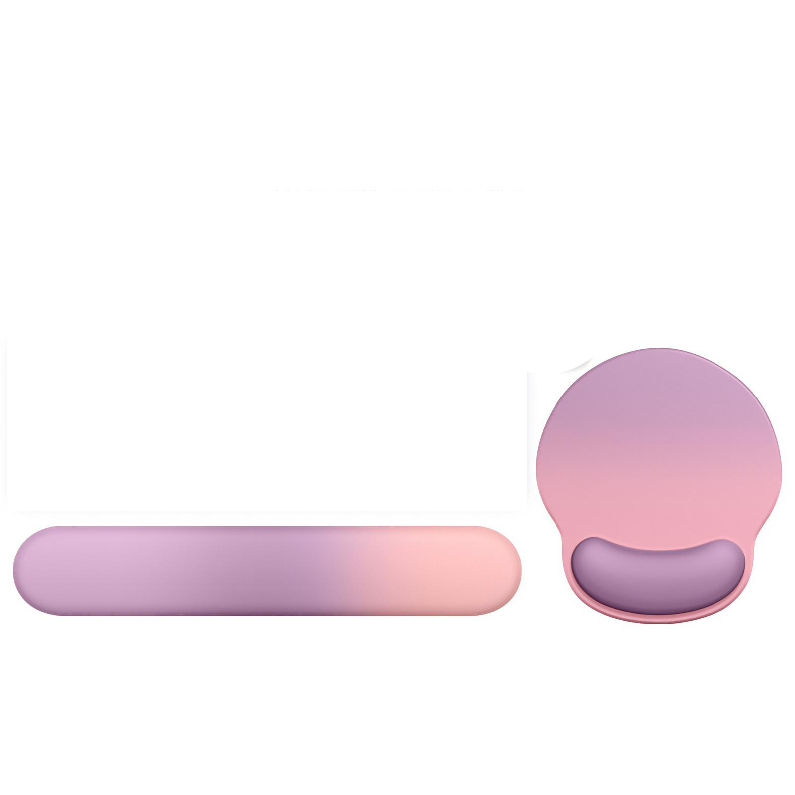 Ein Mauspad- und Handgelenkstützen-Set. Das Mauspad ist rosa und lila. Die Handgelenkstütze ist rechteckig mit Farbverlauf.