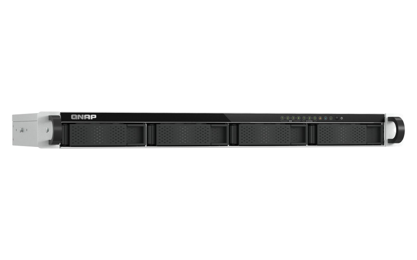 Ein schwarzer QNAP-Netzwerkspeicherserver. Er hat mehrere Laufwerksschächte und Statusanzeigen. Auf der rechten Seite befindet sich ein Griff.