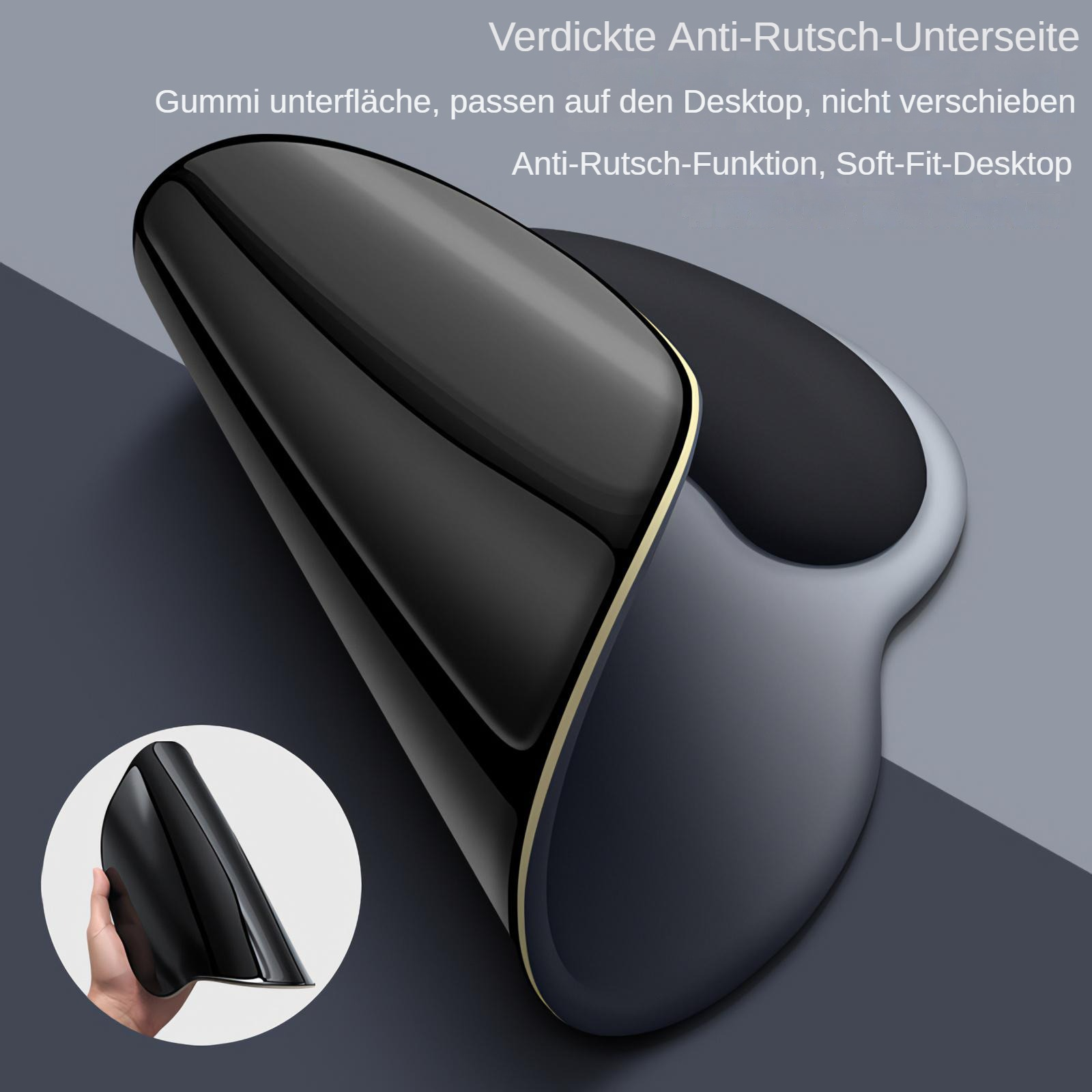 Ein schwarzes ergonomisches Mauspads. Es hat ein geschwungenes Design und eine rutschfeste Basis. Eine Hand hält eine kleinere Version.