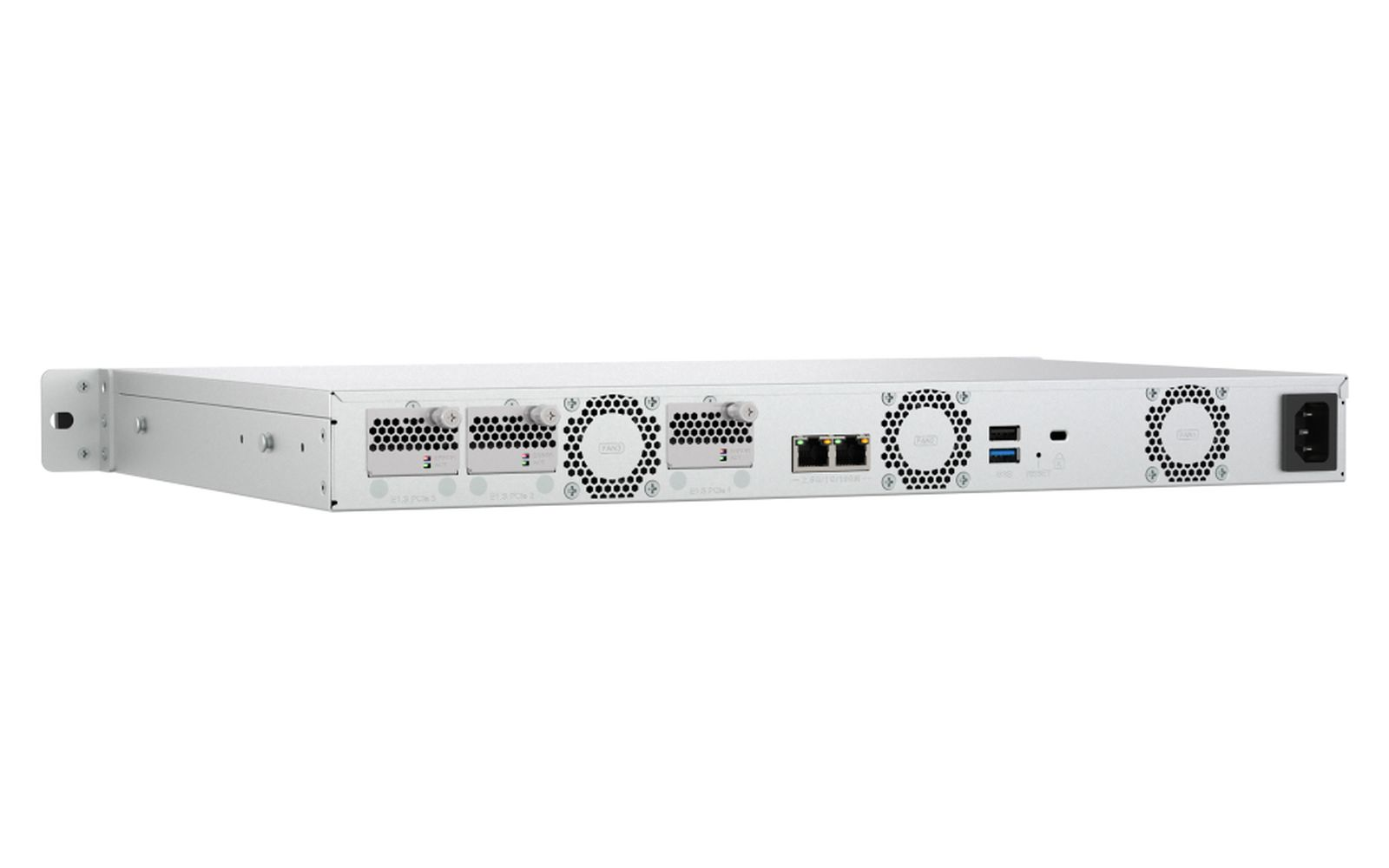 Ein silberner Server mit mehreren Anschlüssen, Lüftern und einer Steckdose. Zu den Merkmalen gehören RJ45-Anschlüsse, Lüfter und diverse Kontrollleuchten.