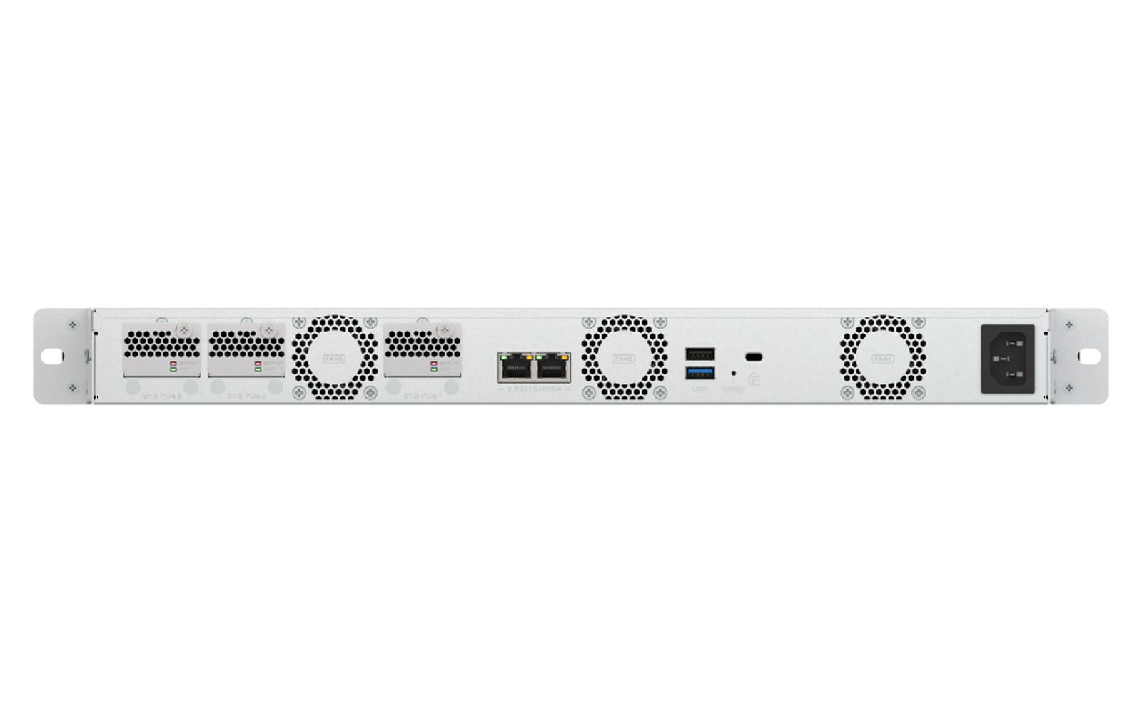Ein weißer Server mit mehreren Lüftern, Anschlüssen und Stromeingang. Er hat mehrere Kühlventilatoren und verschiedene Anschlüsse.